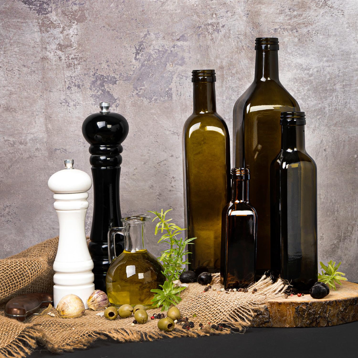 Lot de 25 bouteilles en verre 1000 ml (1 L) vert olive, pour huile, vinaigre, vin et liqueurs, bouteilles de haute qualité pour la restauration et le stockage