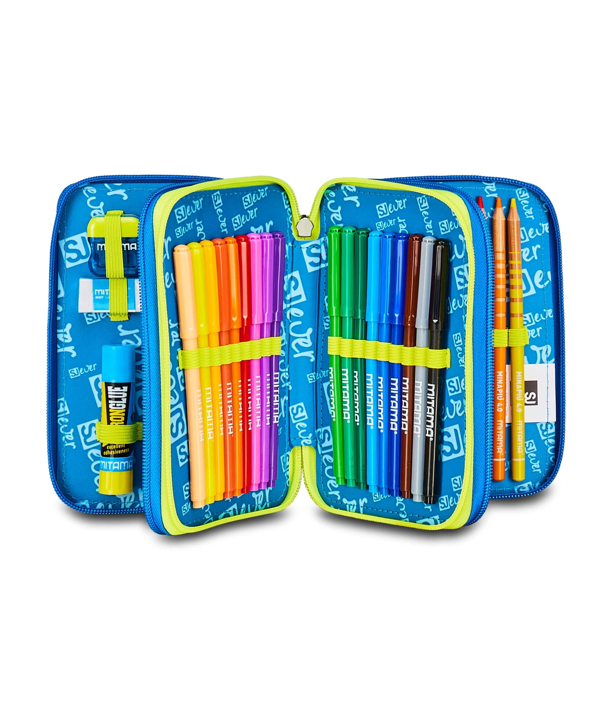SJ GANG STYLE JAM GANG Astuccio Scuola 3 Zip Sj Ever, Blu, Portapenne Triplo Scomparto Completo Di Penne, Matite, Colori, Accessori Zaino, Scuola Elementare, Bambino