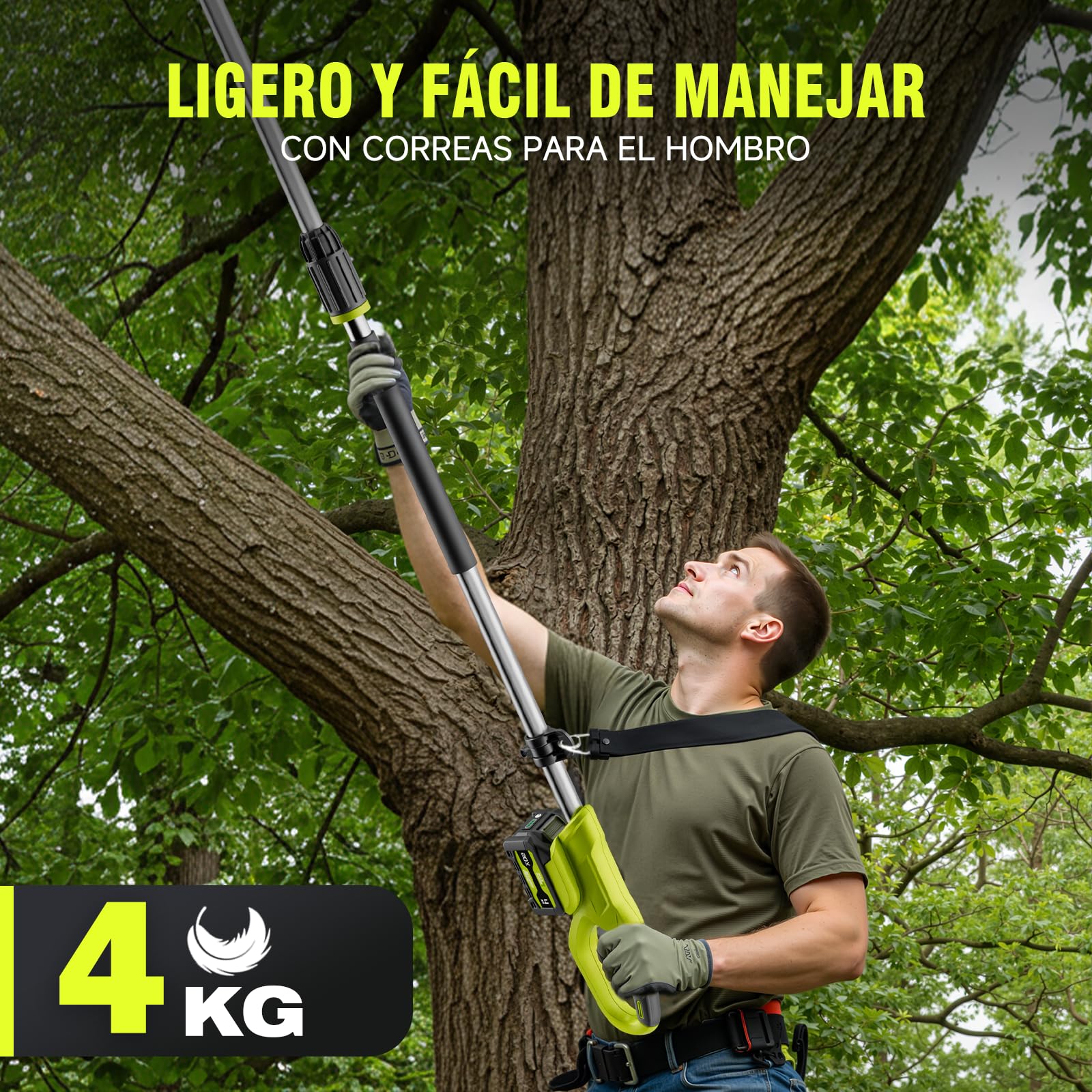 Alloyman Motosierra telescópica de poda a batería 20V MAX, Podadora telescópica a batería, 2 baterías 20V 4,0 Ah y cargador, espada de 20 cm, velocidad de cadena 5,5 m/s, 4KG, lubricación automática