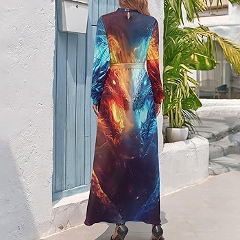 Amazon.com: Dragon Fire and Ice Maxi Dresses for Women Long Sleeve Dress  Casual Loose Party Dress : Clothing, Shoes & Jewelry