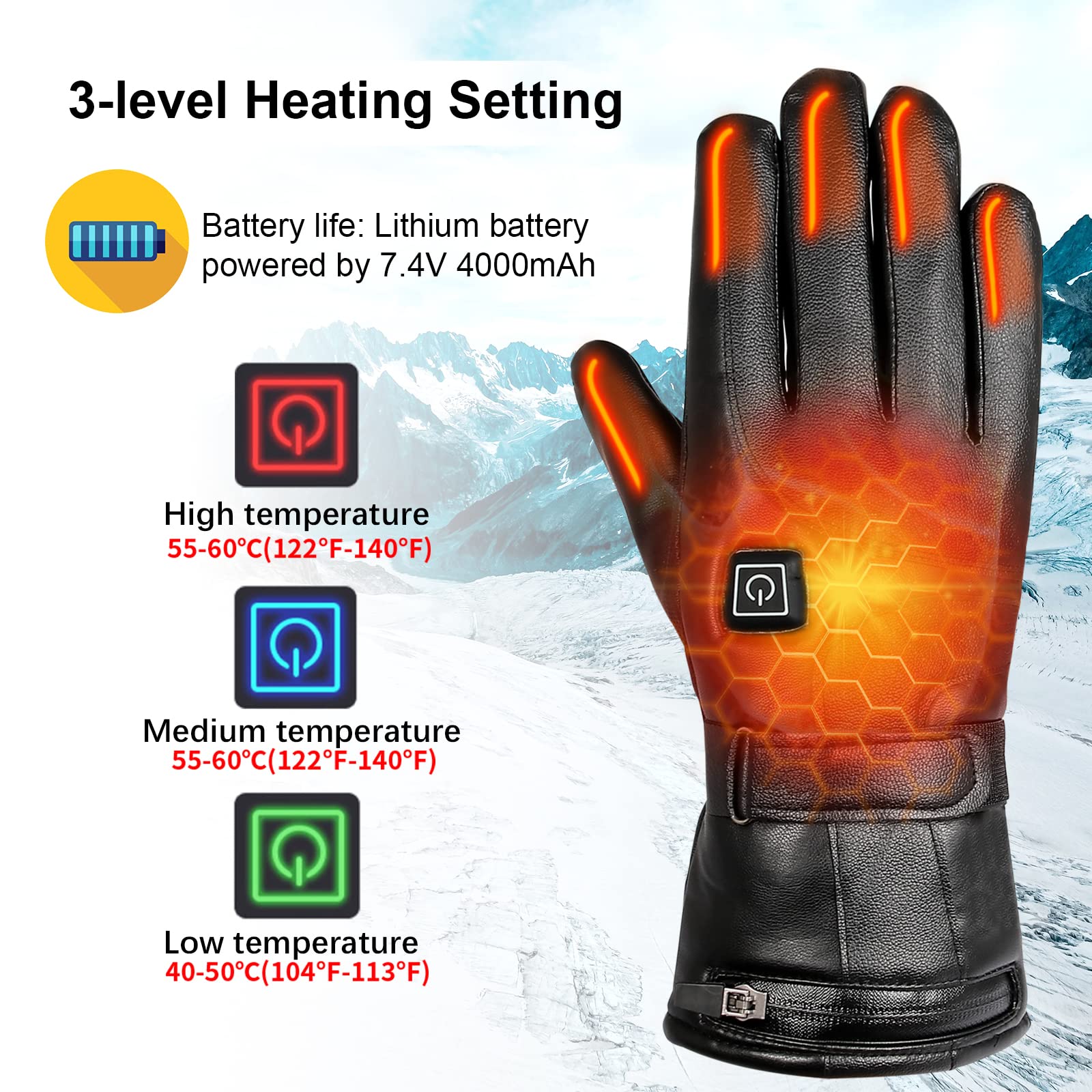 Gants Chauffants Rechargeables 7,4V 4000mAh – Imperméables, 3 Niveaux De Chaleur, écran Tactile, Pour Ski Et Plein Air