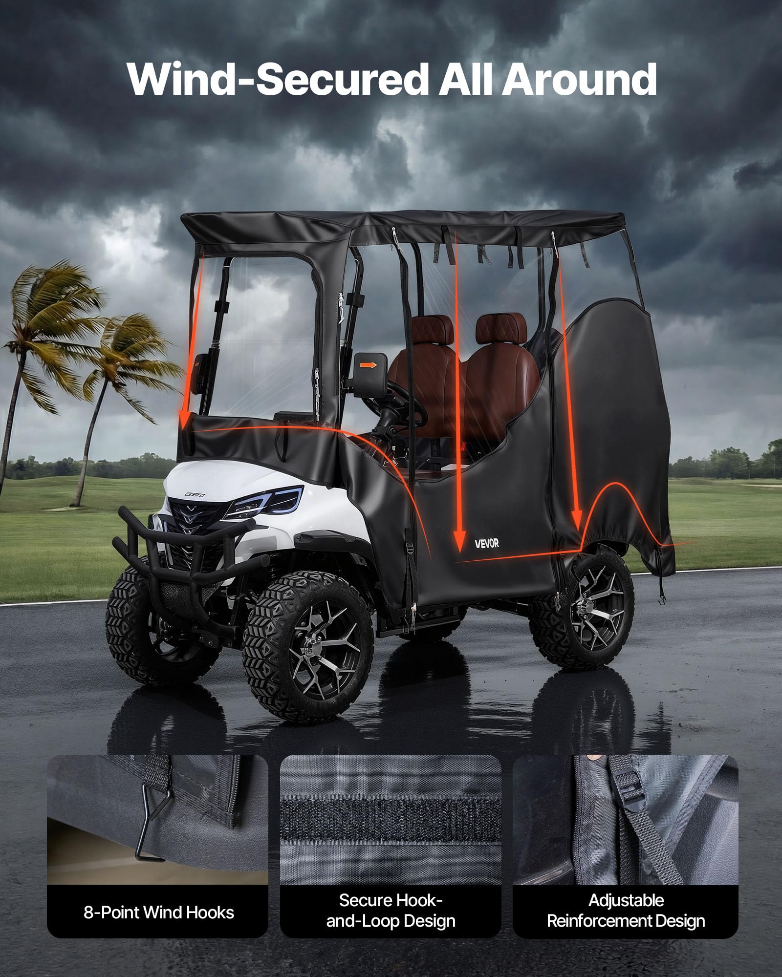 VEVOR Golfwagenabdeckung Sichtbar für 2-Sitzer-Golfwagen (die Meisten Golfcart von Club Car, Yamaha, EZGO & Honda), Regenabdeckung aus 600D-Oxford-Gewebe, mit PU-Beschichtung & Winddichtem Hakensystem