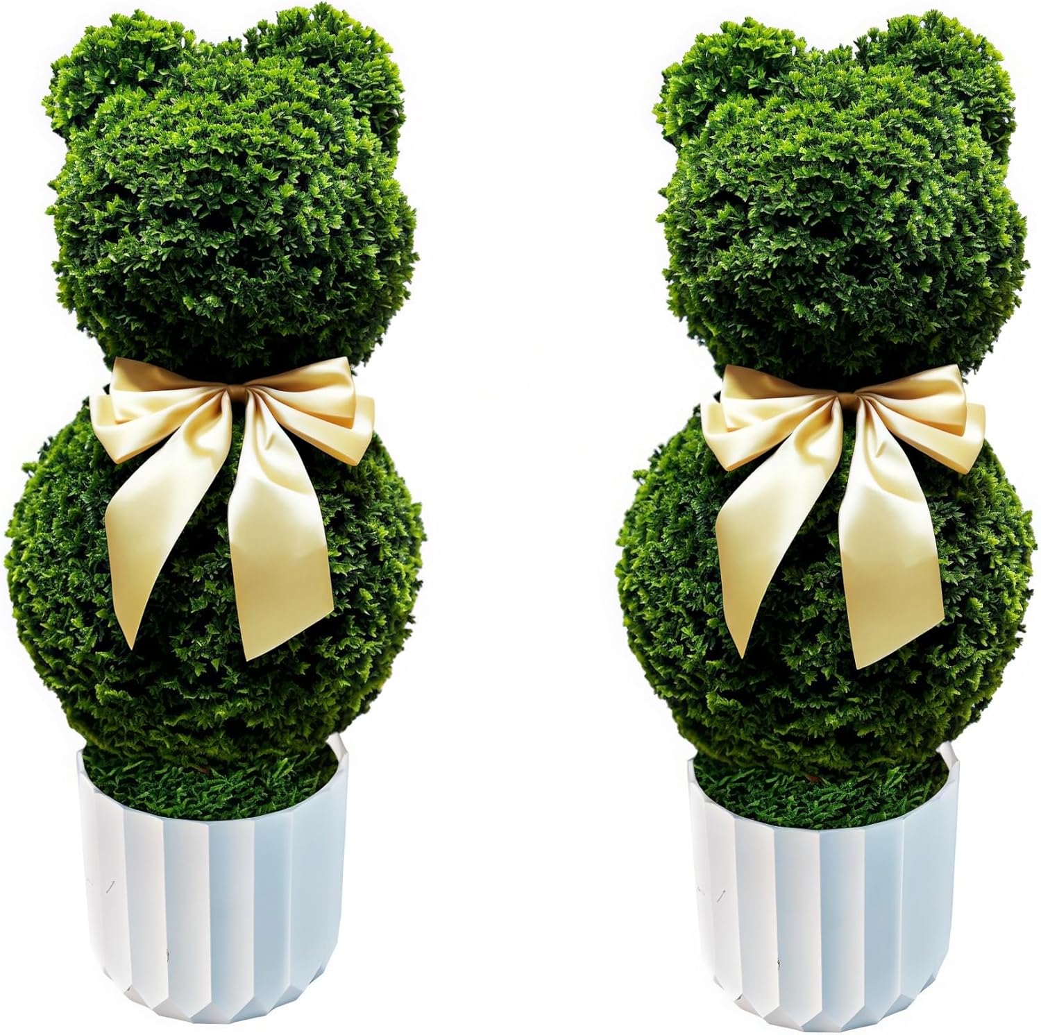 2Pcs Artificial Bunny Topiary Tree with Pot 3FT UV-Resistant Faux Boxwood Bush Rabbit-Shaped Plants with Ears & Bowknot Easter Spring Porch Decor for Entryways Patios Gardens & Home Accents(White)