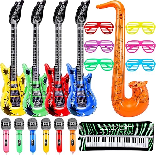 Juego de 18 piezas inflables para fiestas, juego de juguetes inflables de estrella de rock para niños de los años 80 y 90, incluye 4 guitarras