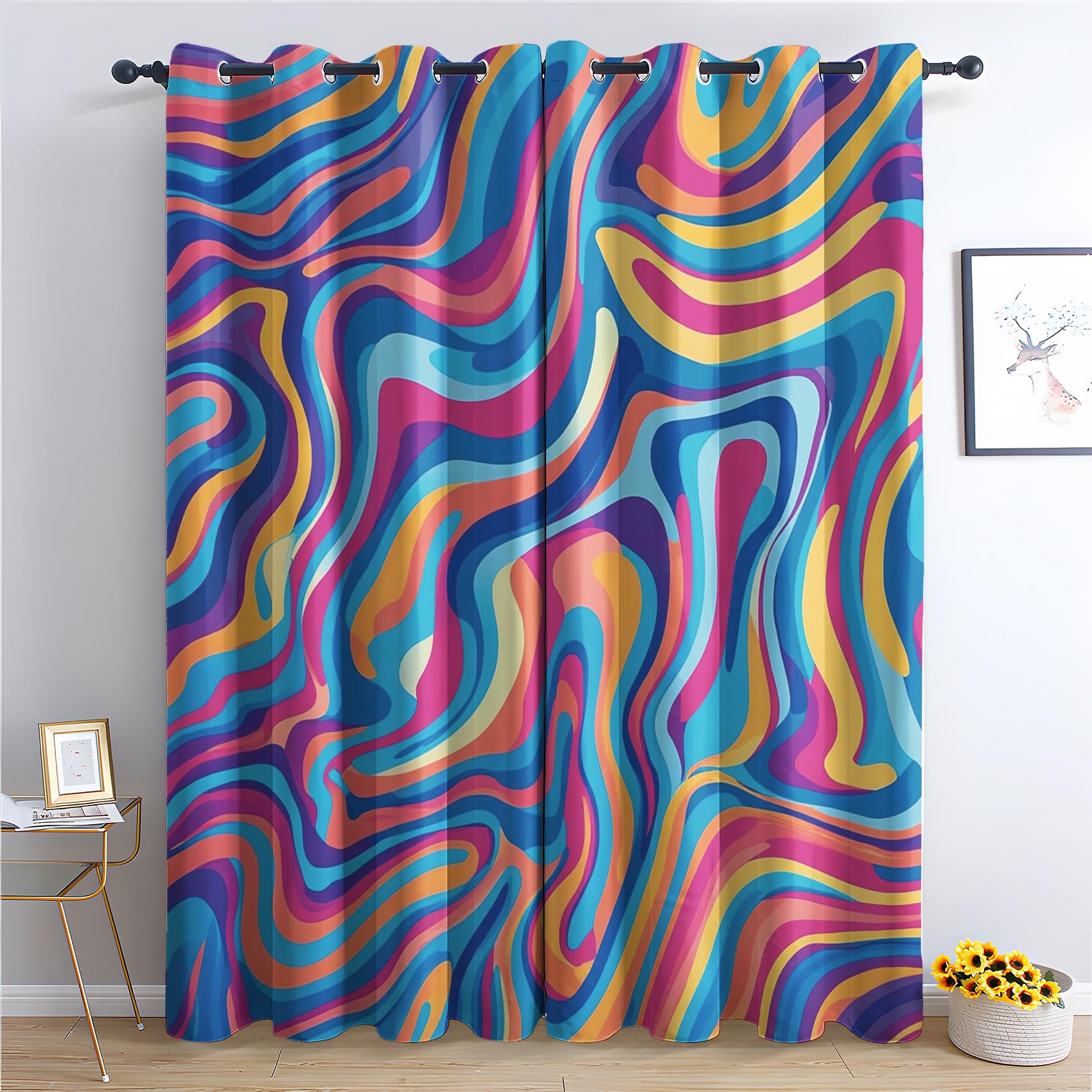 SZLYZM Colorful Psychedelic Blackout Curtains for Bedroom living Room, Trippy Swirl Curtains 46 x 54, 54 Inch Drop Curtains 2 Panels Set, Thermal Eyelet Drapes Patterned Window Treatments