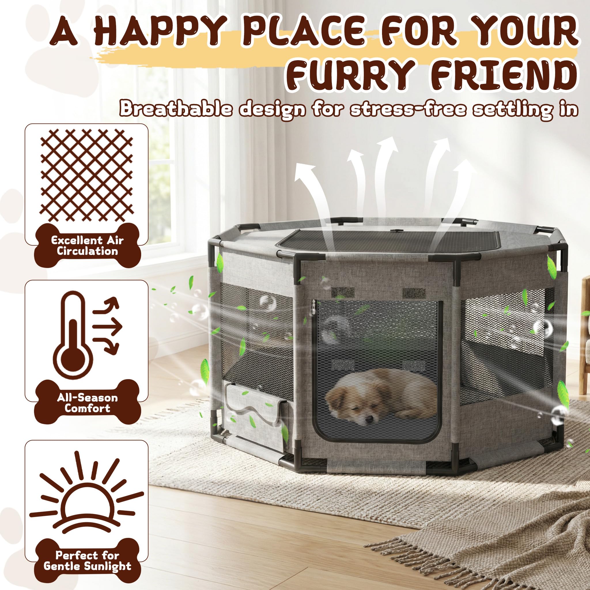 UISEBRT Welpenauslauf Freilaufgehege,Welpengehege aus Oxford-Gewebe,atmungsaktives Netz mit Reißverschluss & Seitentasche,Laufstall Laufgitter Indoor für Hunde Katzen,113.5x113.5x60cm Achteckig