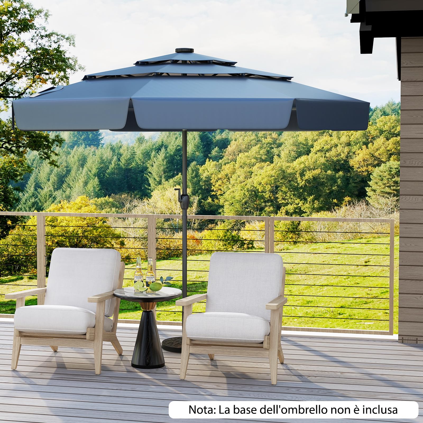 COSTWAY Ombrellone da Giardino 300 cm, 32 Luci Led Solari, con Regolazione Inclinazione, Manovella e 8 Stecche, Anti-UV, Tettuccio Ventilato a 3 Livelli (Blu, 32 Luci)