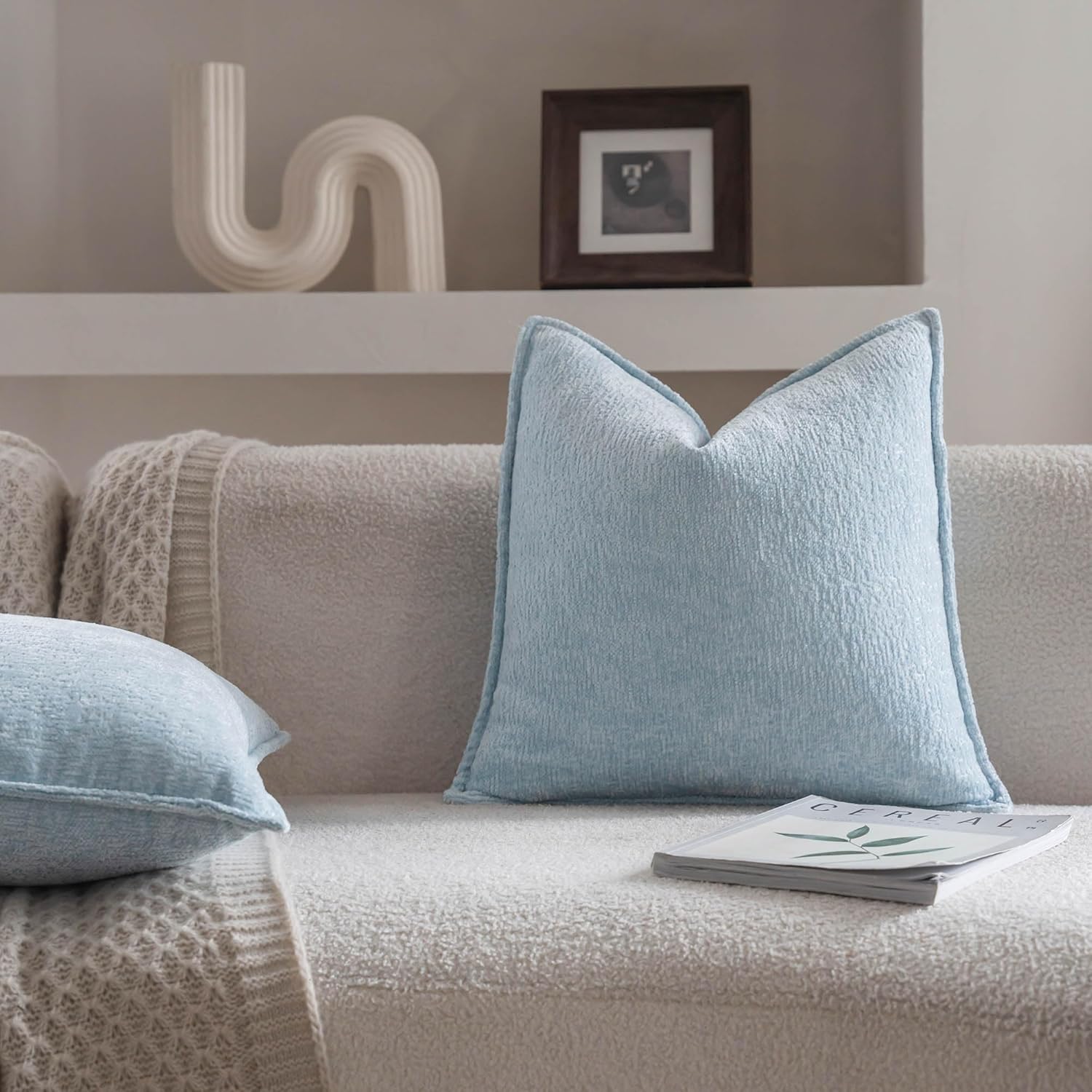 Neelvin Light Blue Chenille Decorative Throw Pillow Covers 18x18 inch Set of 2 Pillowcase Cushion Case for Bed Sofa Couch