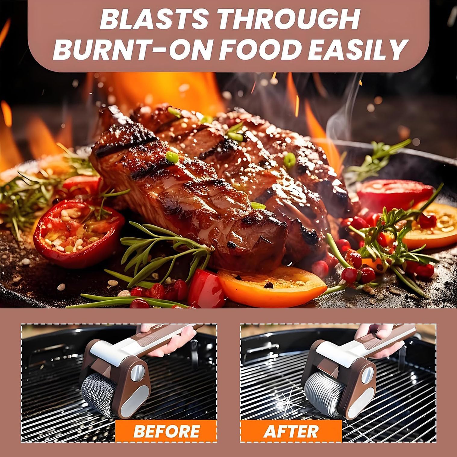 Wirująca szczotka do grilla BBQ, elektryczny środek czyszczący do grilla bez włosia, bezprzewodowa szczotka czyszcząca ze stali nierdzewnej Power Roller Blasts do grilla