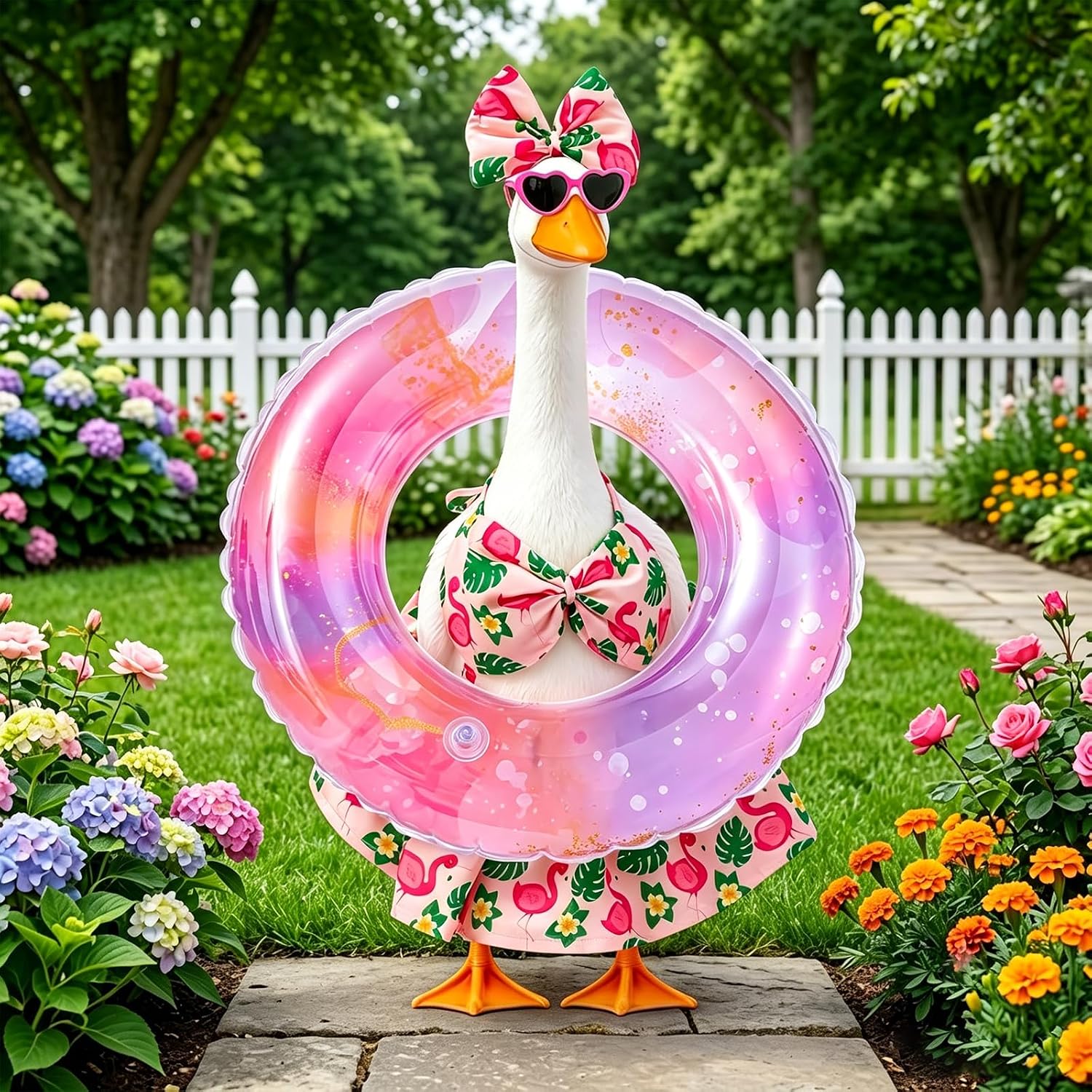 Hawaiian Porch Goose Outfit, Summer Garden Statue Bikini Clothes Set with 3D Bow, Heart Sunglasses, and Inflatable Swim Ring, Festive Flamingo Pattern for 23-inch Lawn Goose Statue Decor