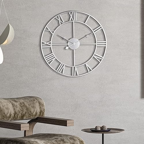 Miniatura 8 de Reloj de pared, de metal, moderno, grande, redondo, silencioso, funciona con baterías, color negro, números romanos, para sala de estar, dormitorio,