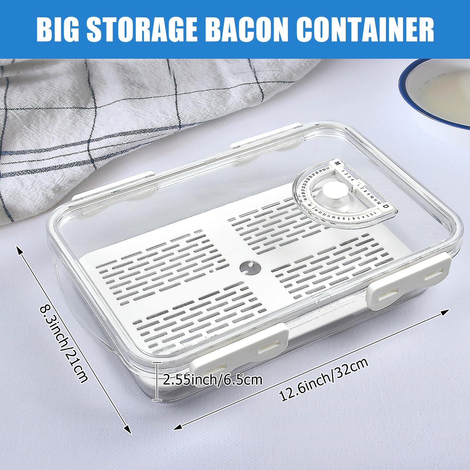 Recipiente de tocino para refrigerador, hermético de plástico grueso y con tapas para refrigerador, organizador de almacenamiento de alimentos para cortes fríos de cocina, soporte para tocino, 2