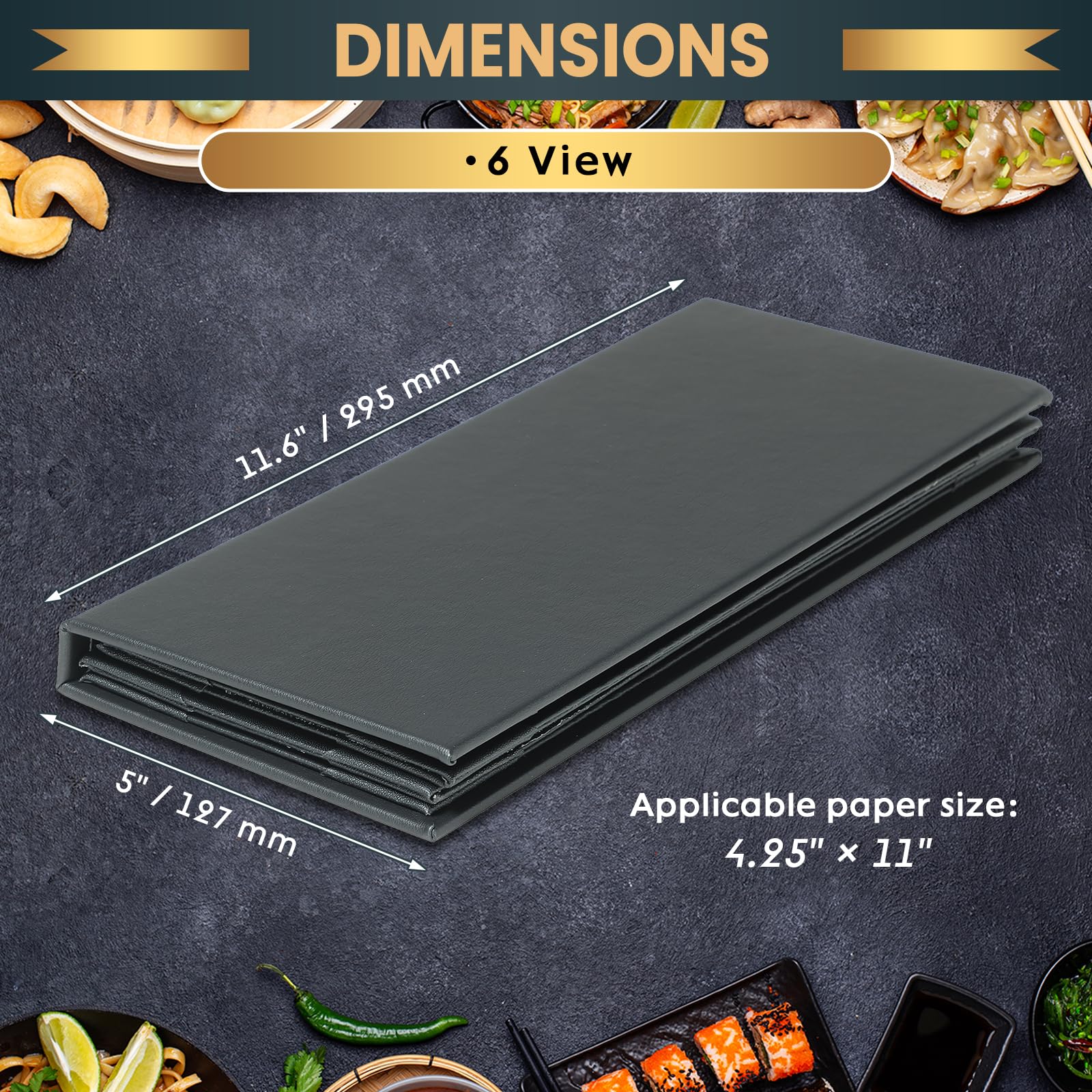 Fundas para menús de 4.25 x 11 pulgadas, paquete de 10 fundas de cuero negro para menú, estilo libro, para restaurante, cafetería, bar, lista de vinos (6 vistas, 10 unidades)