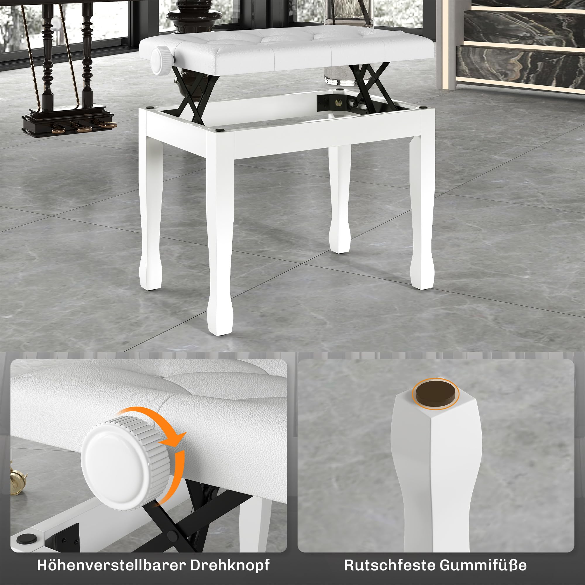 HOMCOM Stołek fortepianowy regulowany, ławeczka 64x35x45-55 cm Biały | Pianobank, poduszka ekoskóra, stołek keyboardowy, do fortepianu/keyboardu