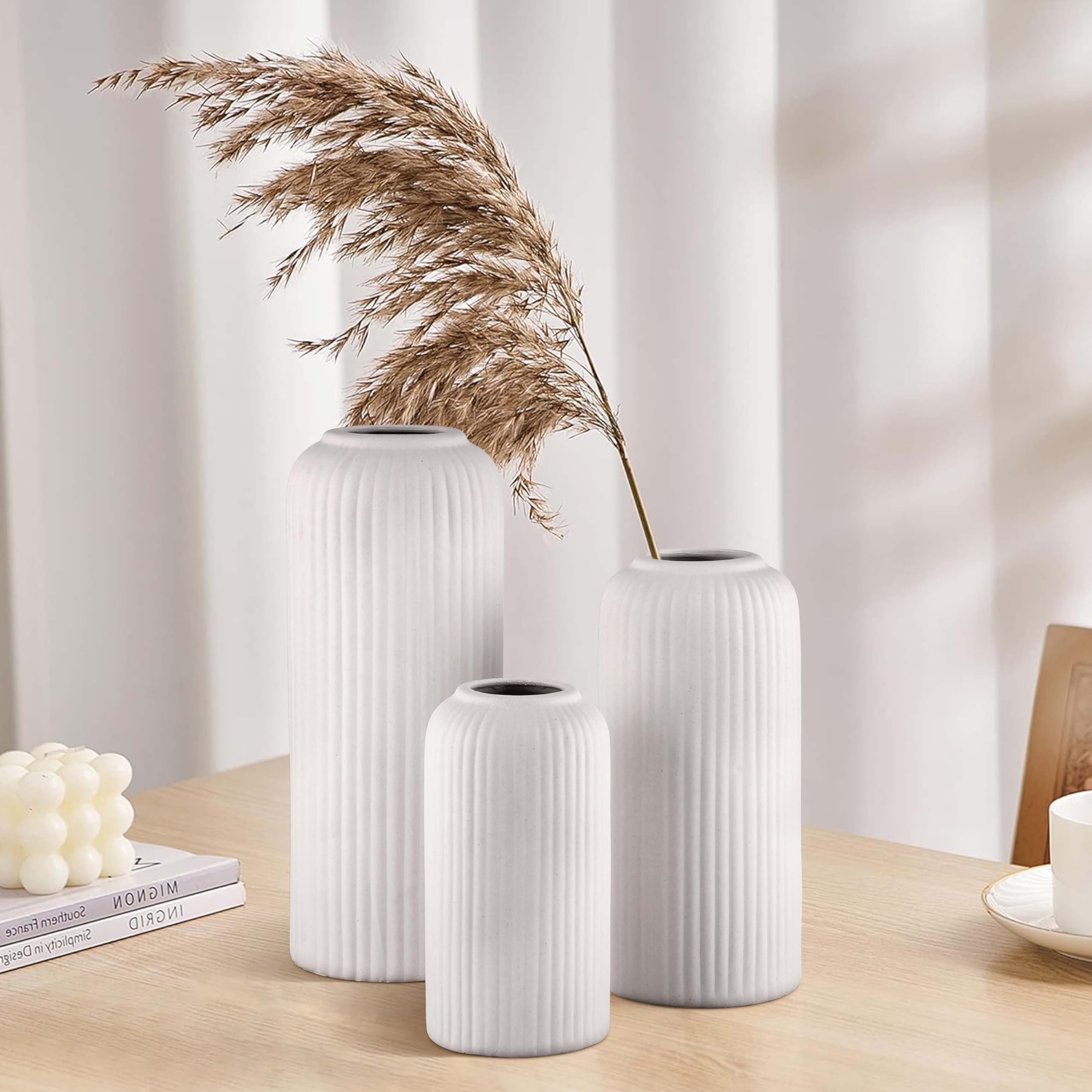 TheKraftLane Ceramic 'White Flute Vase' 10 Inch - Set of 3 | Decorative Flute Vase for Dried Flowers and Pampas Grass | Vases for Home Decor, Living Room, Office Decor Ideas