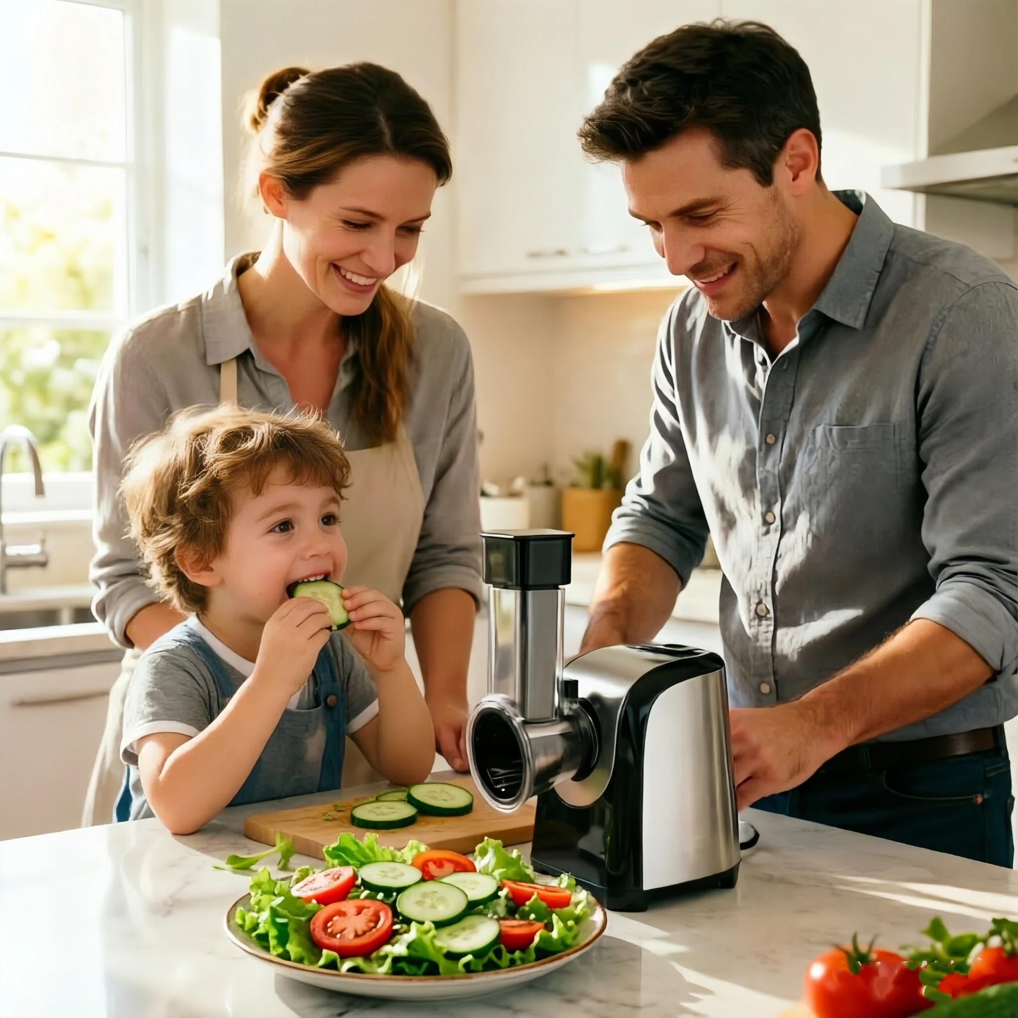 Elektrische 5-in-1 Gemüsehobel 150W, Gemüseschneider mit 5 Edelstahl-Trommeln für Käse, Obst & Gemüse, Multireibe BPA-frei & Spülmaschinenfest,Silbergrau