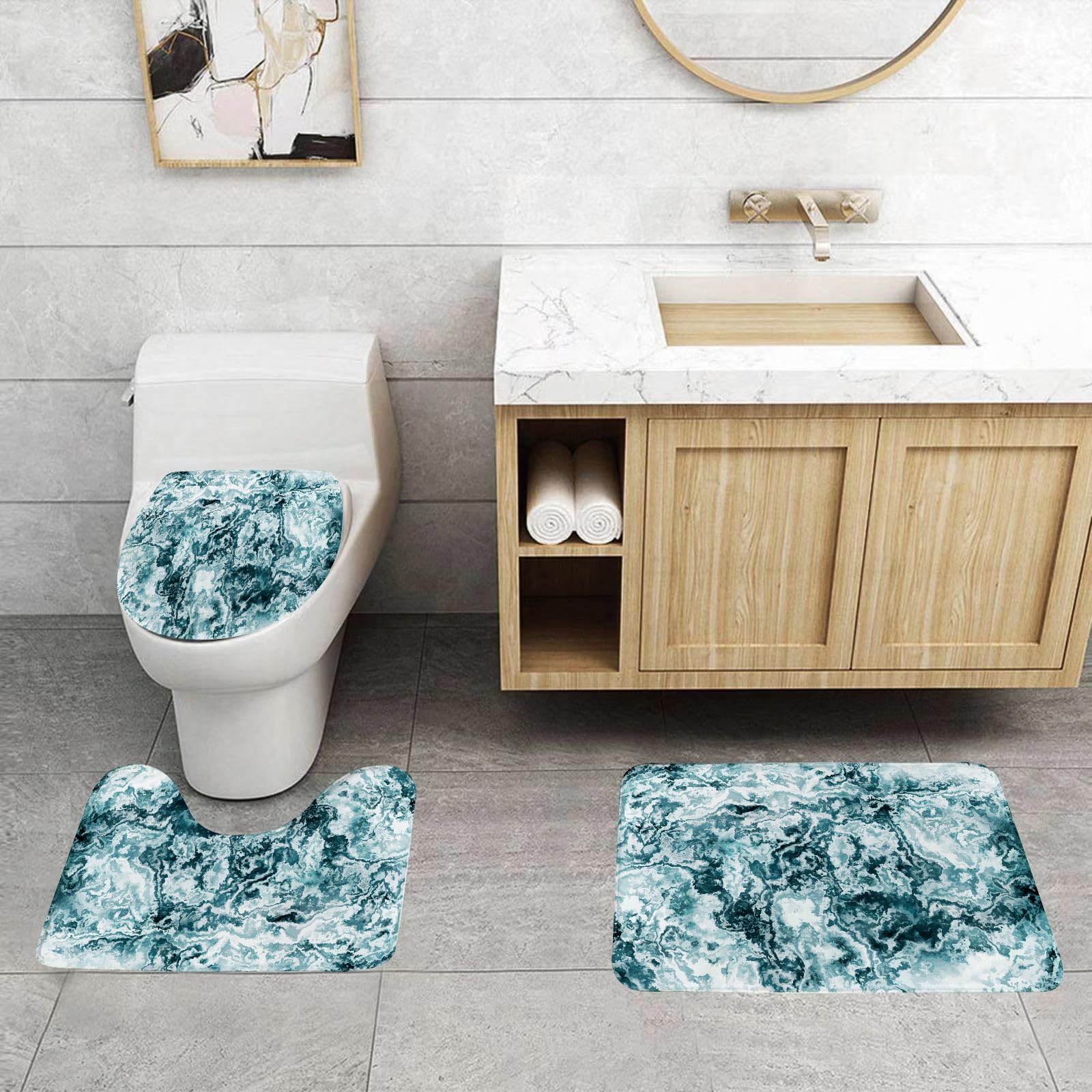 EMCLKS 3 Pieces Bath Mat Set,Machine Washable & Non Slip Bath Mats for Bathroom Set,Soft Superfine fiber Bathroom Rugs Mat,Marble,Abstract Rock Texture Modern Stylized Retro Splashes Antique Dark Des