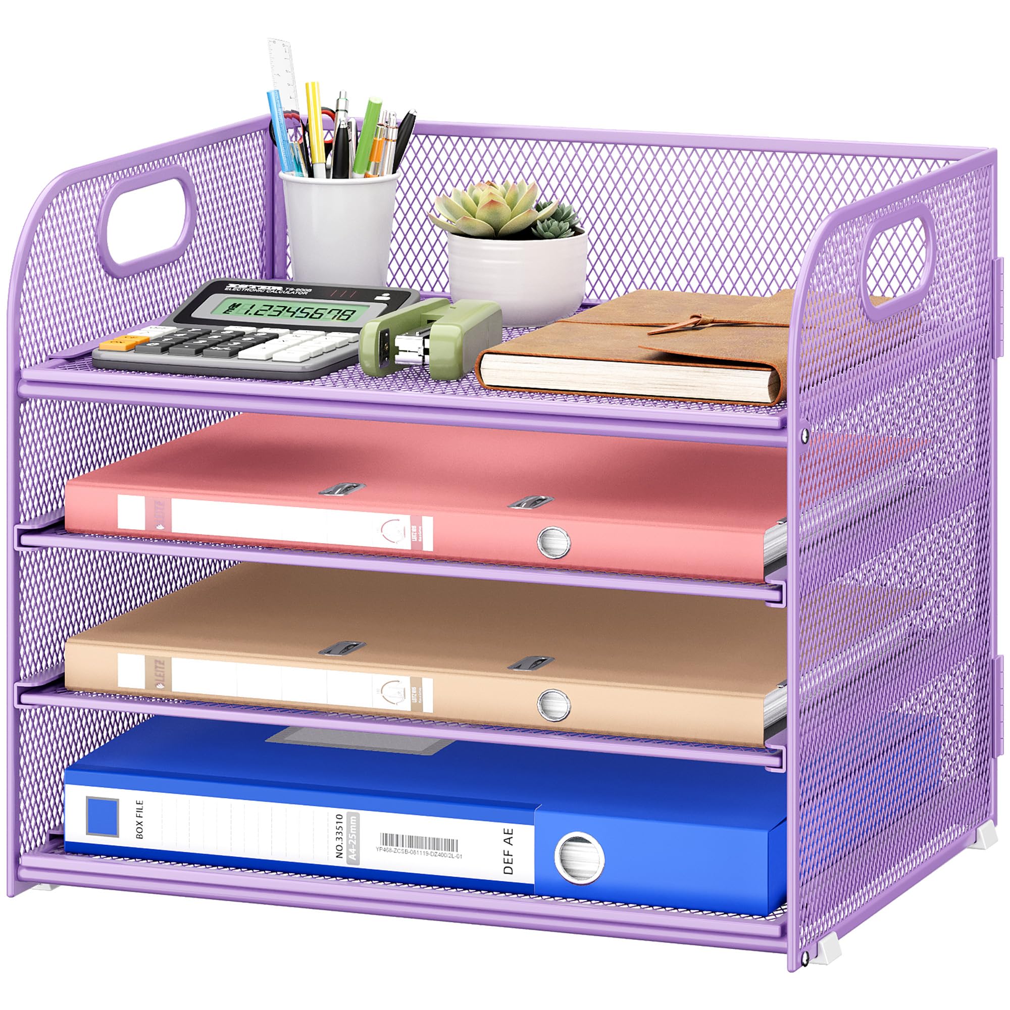 VITVITI Organizador de Escritorio con Archivador, Bandeja de Papel de 4 Niveles con Asa, Malla de RellenoOrganizador para Material de Oficina en Casa, Accesorios de Oficina Ordenados - Morado
