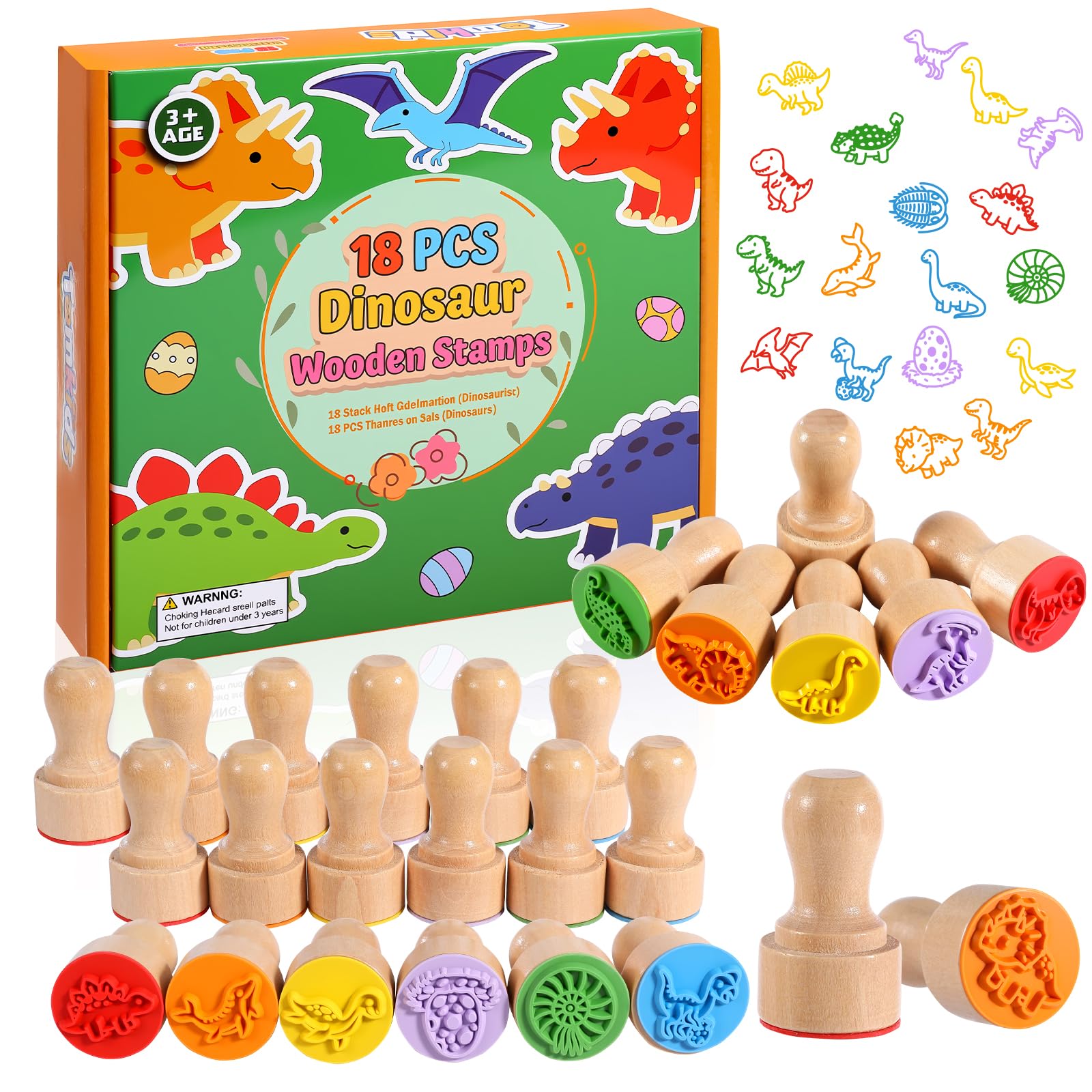 Tomkids Wooden Dinosaur Stamp Set for Kids, 18 Pcs Dino Stamps Art Projects Supplies Classroom Rewards Birthday Gift Party Favors Carnival Prizes for Boys Girls