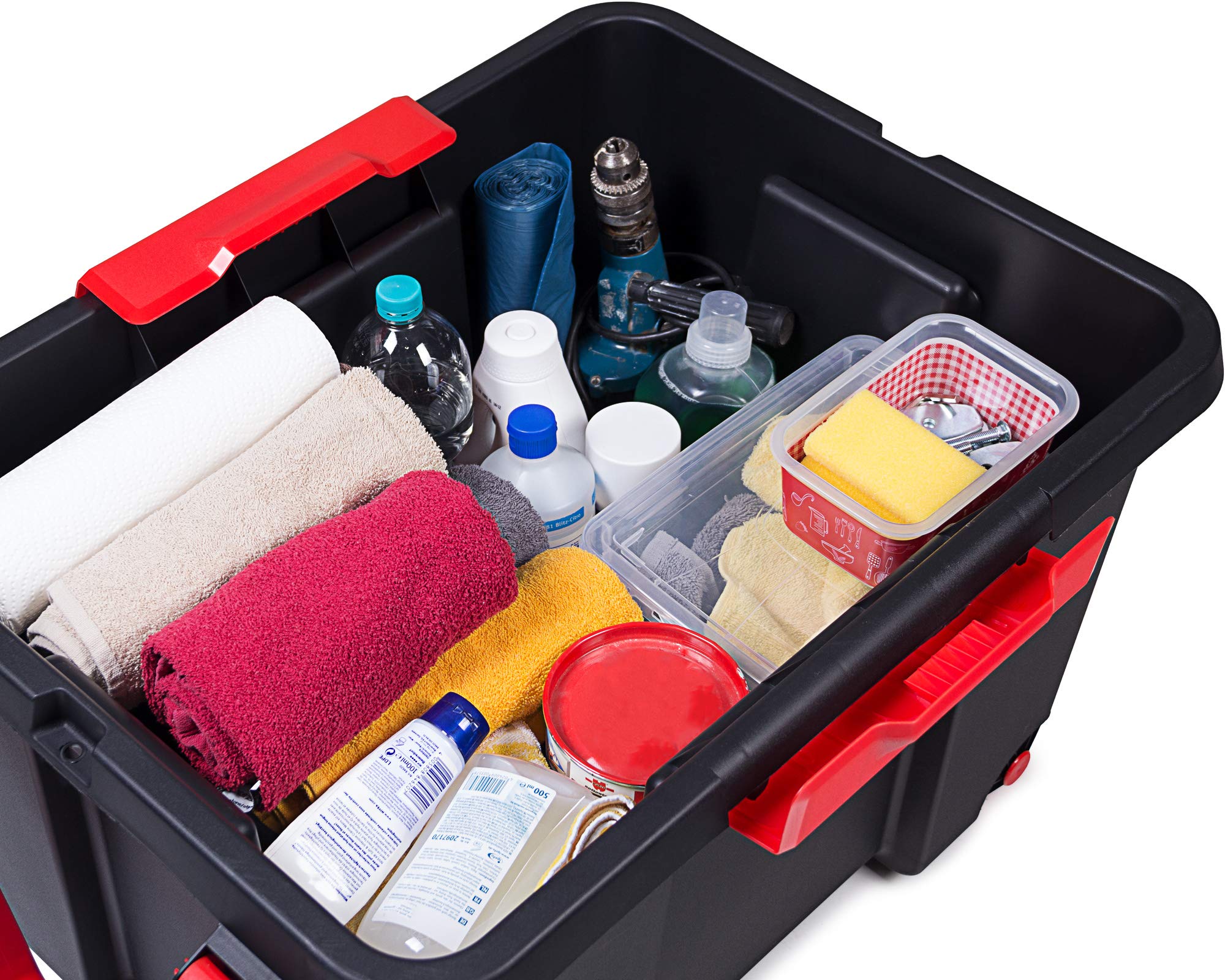 Ondis24 Aufbewahrungsbox mit Deckel Malle, Stapelbox Kunststoff, Werkzeugkasten rollbar, Transportbox 120L, abschließbar