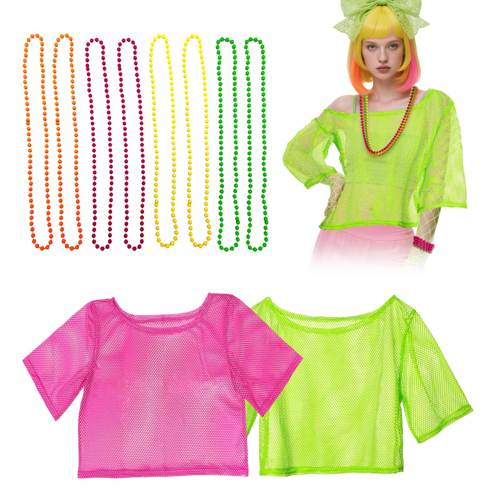 SAIIURV 10 Pcs 80s Fancy Dress for Women, 1980s Fancy Party Costume Accessories Set, 80s Outfits Neon, Top Necklace, Retro Outfit for Girls 1980s Costume Outfit Hen Do Party, Dress up Day (Multicolor)