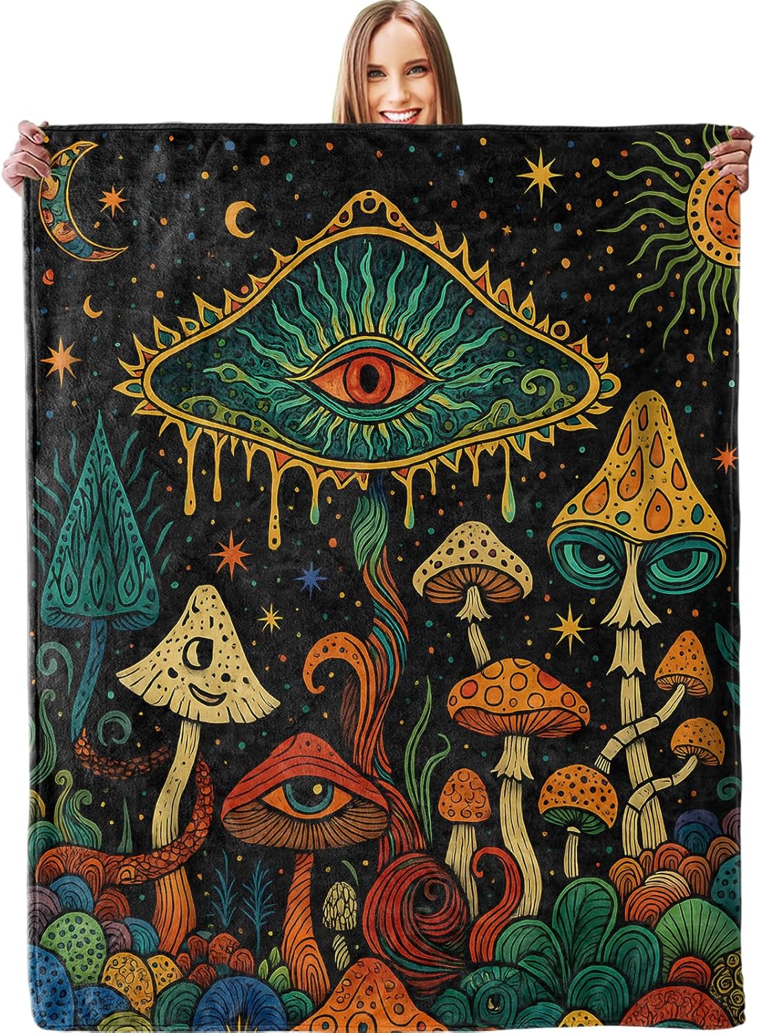 Colorful Mushroom Art Blanket, Soft Lightweight Warm Cozy Flannel 60×50 inch Eye Design and Stars Throw Blanket for Couch, Travel, Bed, Outdoor, Gifts for Women Men Adults Kids