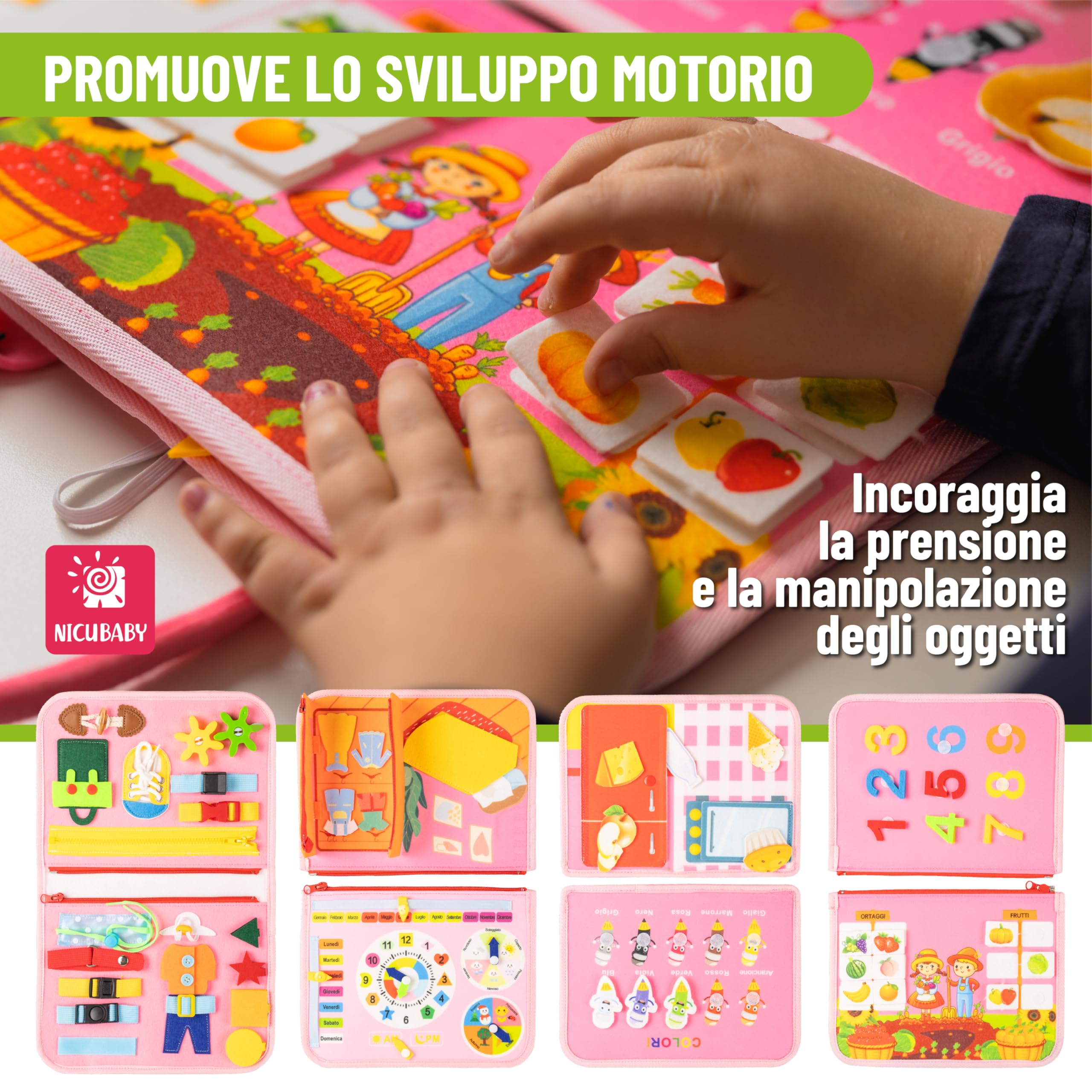 NICUBABY Busy Board Giochi Montessori per Bambini dai 2 ai 7 Anni, Tavola Sensoriale per Sviluppo Motorio e Cognitivo, Chiudibile a Valigetta (Rosa)