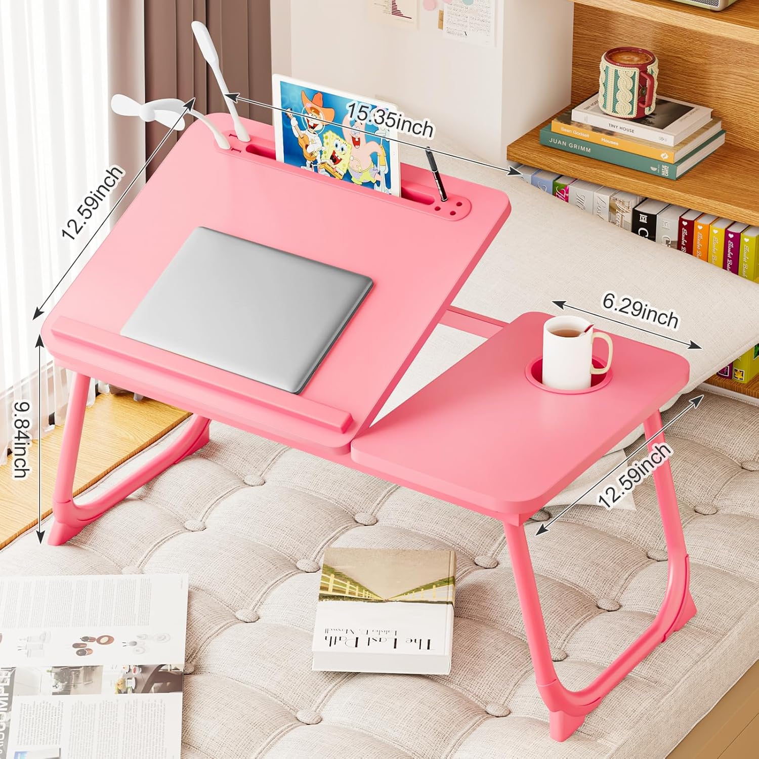 Laptop Desk for Bed, Adjustable Laptop Stand with 5 Different Angles, Portable Lap Tray Table with USB Charge Port and Cup Holder, Laptop Bed Desk Tray for Eating Working Writing (Pink)
