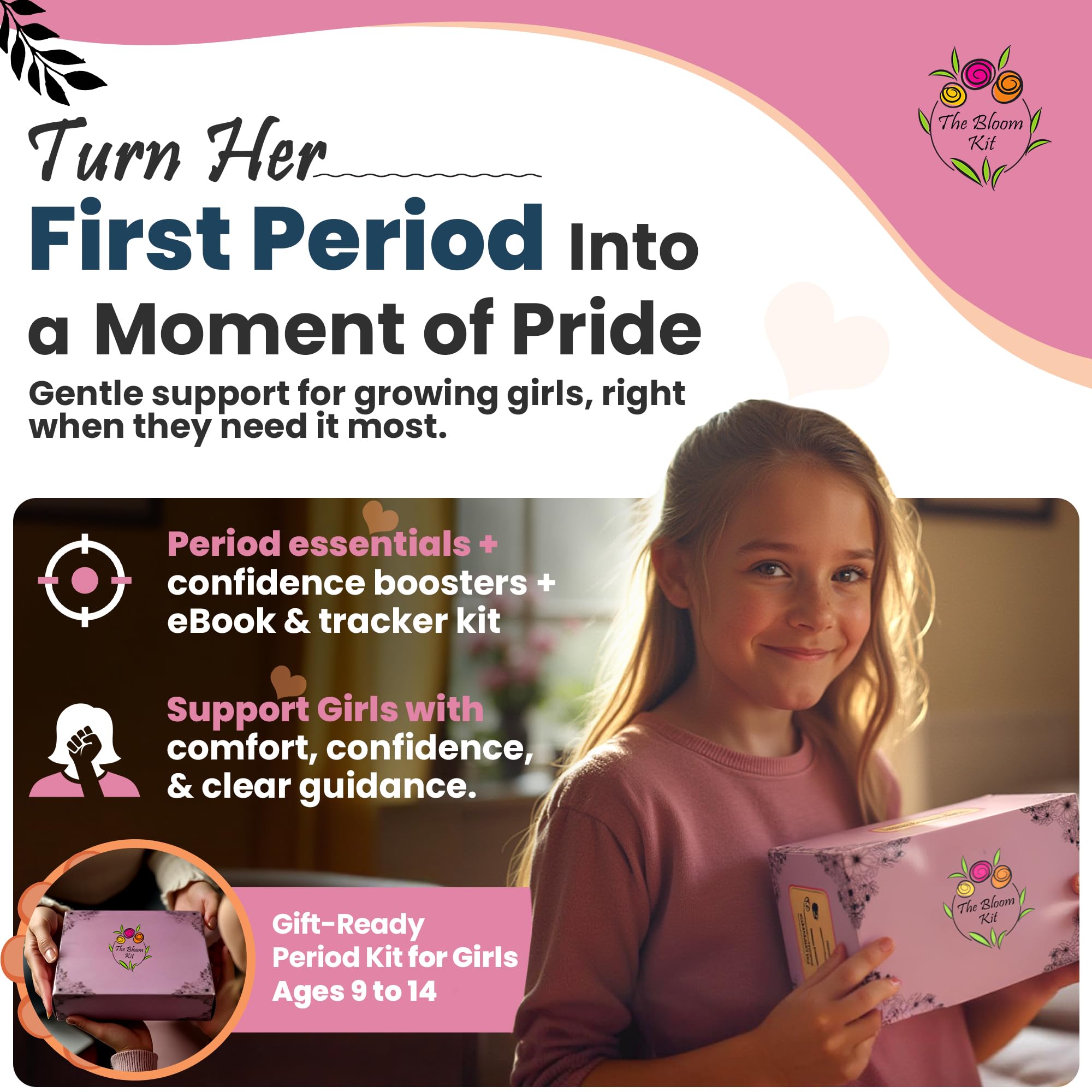 The Bloom Set für die erste Periode für Mädchen 9–10–12–14 für die Schule, Menstruations-Starter-Set, Geschenke für Teenager, Mädchen, inklusive Aufbewahrungstasche für Damenbinden, Pads, Feuchttücher