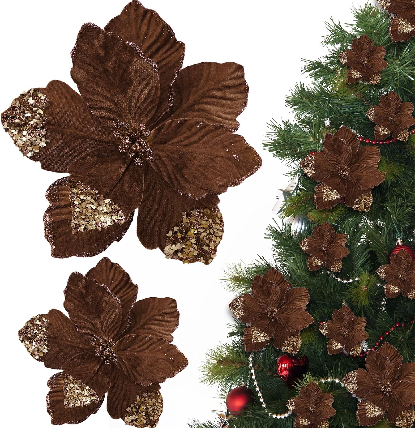 Brown 16 Pcs Christmas Poinsettia Flowers Decoration Artificial Velvet Flowers Glitter Magnolia Flower Ornaments for Christmas Tree Wreath Garland Decor 9.4 Inch and 6.3inch