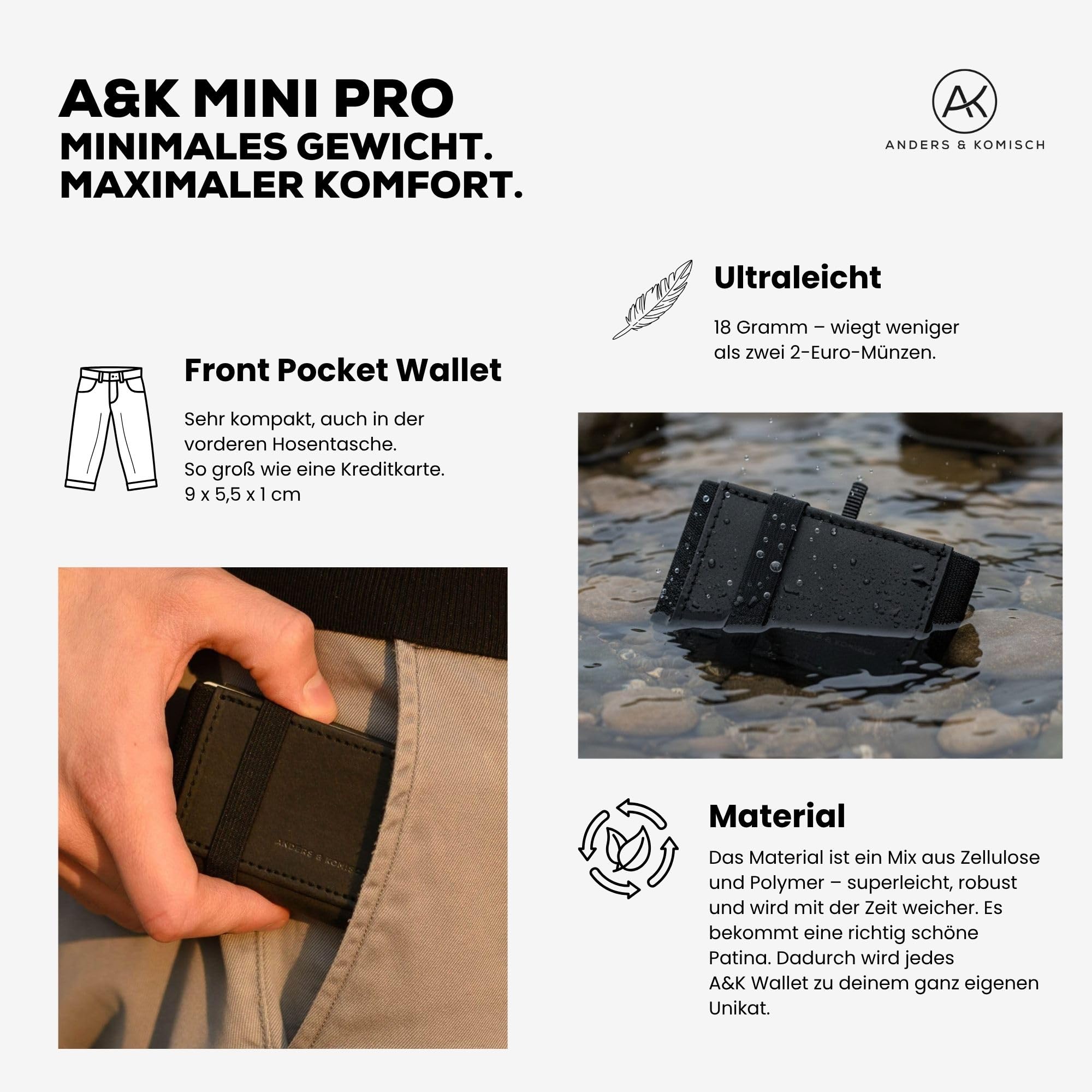 Anders & Komisch MINI PRO Karten Portemonnaie mit Münzfach Herren - Kleiner Geldbeutel Damen nachhaltig und clever - Minimal Wallet Handarbeit aus Deutschland (Schwarz) 9 x 5,5 cm