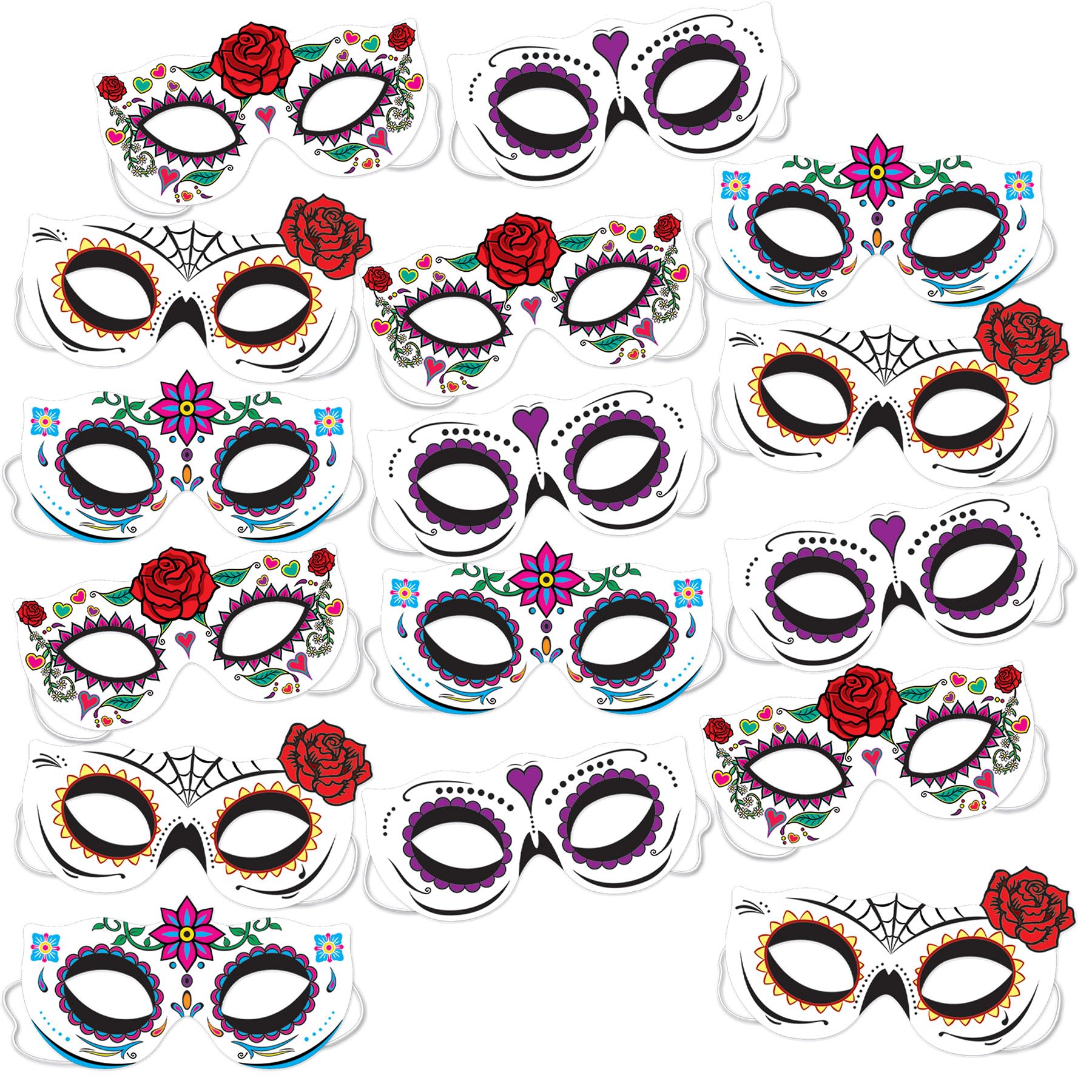 Beistle 16 Piece Sugar Skull Day Of The Dead Half Masks With Elastics, Festive and Colorful Masquerade Accessories for Dia De Los Muertos Party Decorations, Made In USA Since 1900