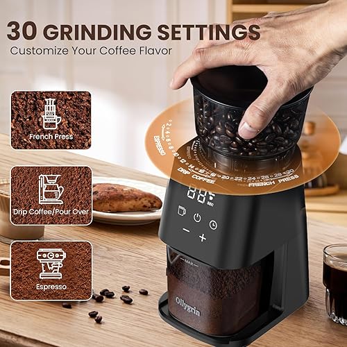 Miniatura 4 de Molinillo de café cónico con panel táctil, molinillo de granos de café ajustable con 30 ajustes de molienda, 2-12 tazas para expreso, café de prensa
