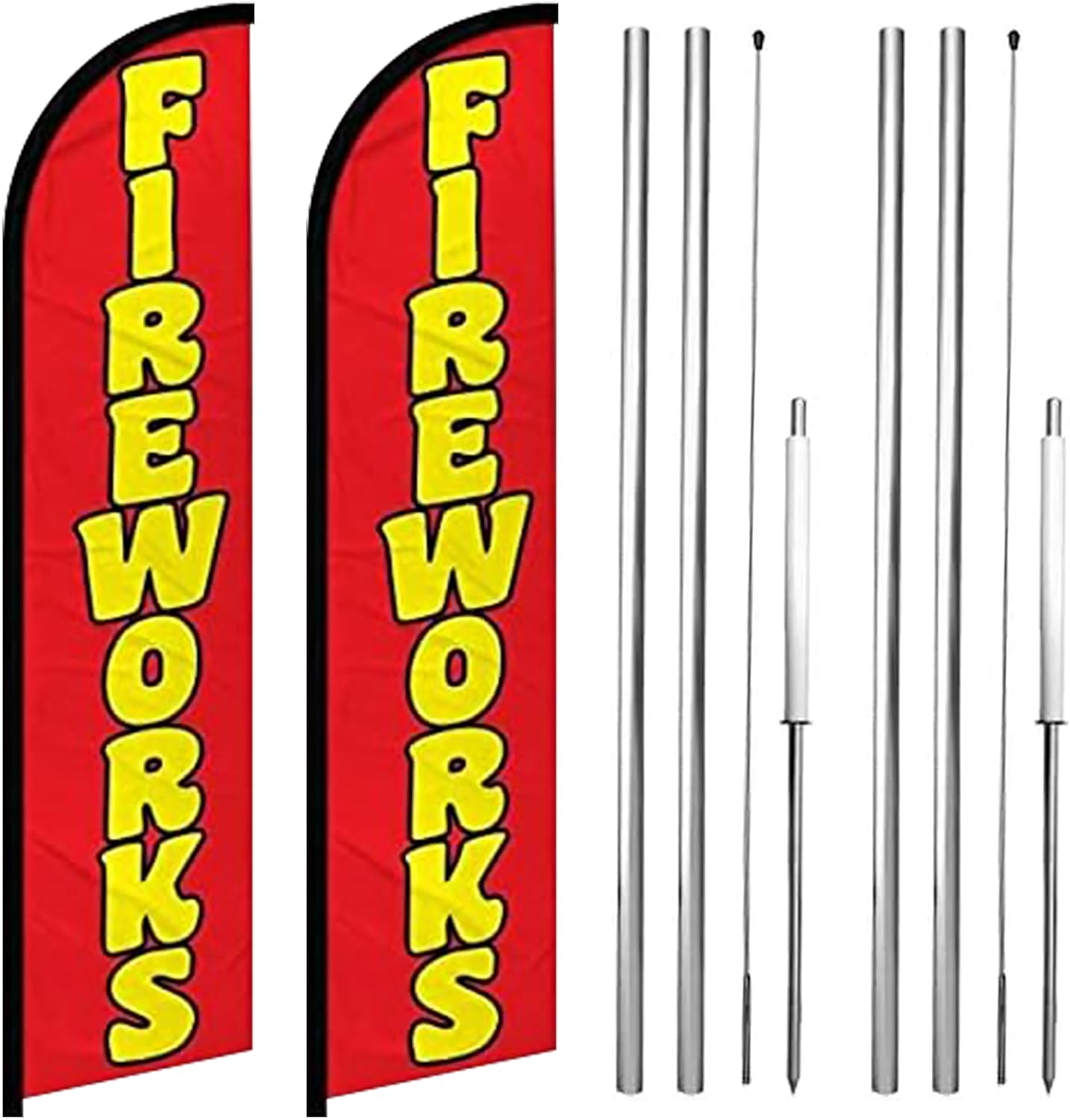 Fireworks Windless Banner Flags – Red Design, Pack of 2 | 3 ft x 11.5 ft Outdoor Advertising Signs | Weatherproof Polyester (With Complete Hybrid Pole Set)