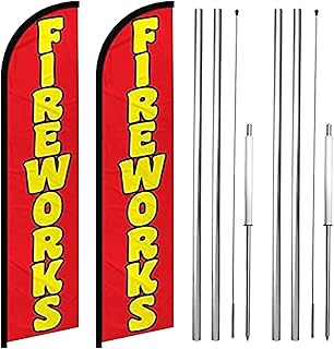 Fireworks Windless Banner Flags – Red Design, Pack of 2 | 3 ft x 11.5 ft Outdoor Advertising Signs | Weatherproof Polyester (With Complete Hybrid Pole Set)