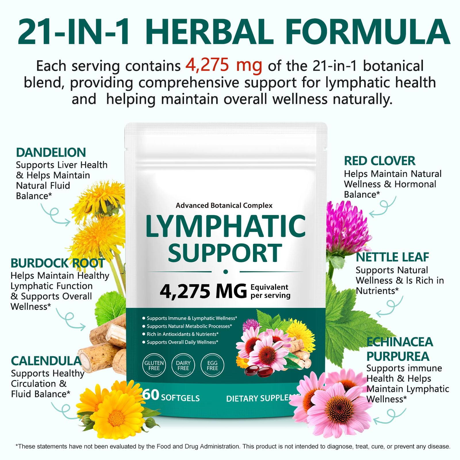 FANSHI Lymphatic Drainage Supplements 60 Softgels | Herbal Blend with Echinacea, Dandelion & Burdock Root | Promotes Healthy Circulation & Fluid Balance | Supports Overall Daily Wellness — Amazon image 4