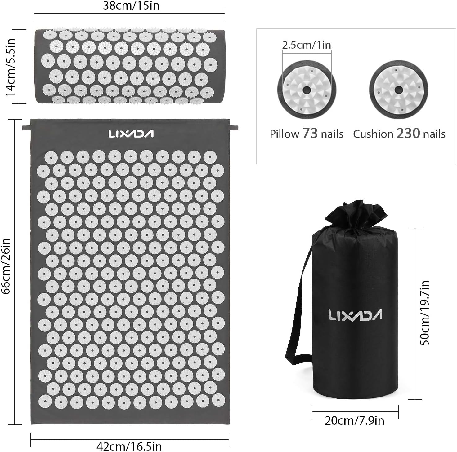 Lixada Acupressure Mat and Pillow Set with 2pcs Spiky Massage Balls for Back/Neck/Feet Pain Relief and Muscle Relaxation with Carry Bag : Health & Household