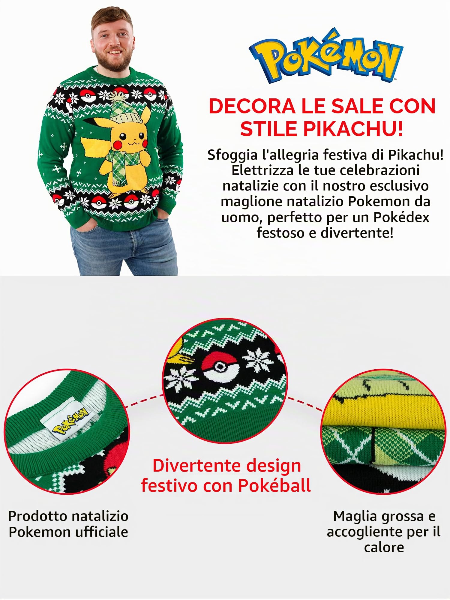 Pokémon Maglione Natalizio Uomo | Pikachu Maglione Lungo Natale | Felpa Natalizio Uomo