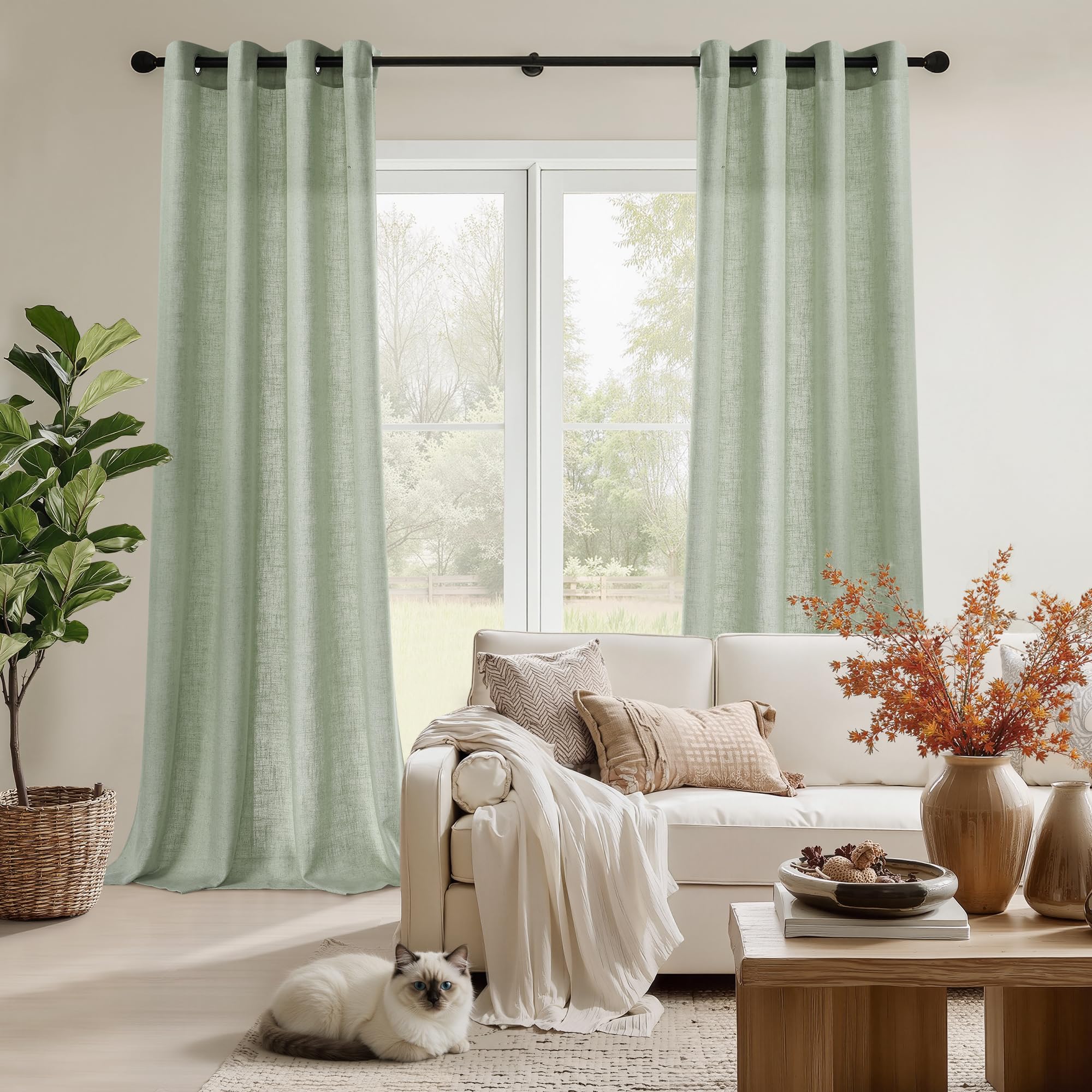 NICETOWN Grün Vorhänge Leinenoptik Boho Gardinen Halbtransparent mit Ösen | Graugrün, H245 x B140 cm, Halbdurchlässig, 2er Set, Leinen Gardine, Passend für Wohnzimmer und Schlafzimmer, Sichtschutz