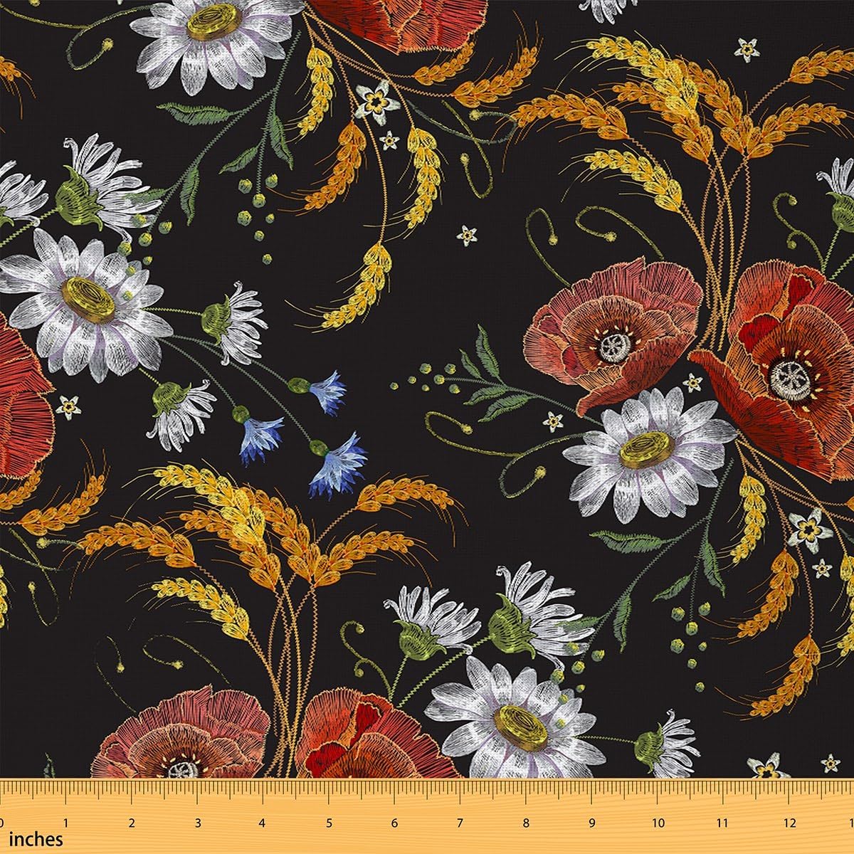 Red Poppy Fabric by the Yard Watercolour Flowers Leaves Upholstery Fabric Daisy Floral Waterproof Fabric 92 x 150 cm