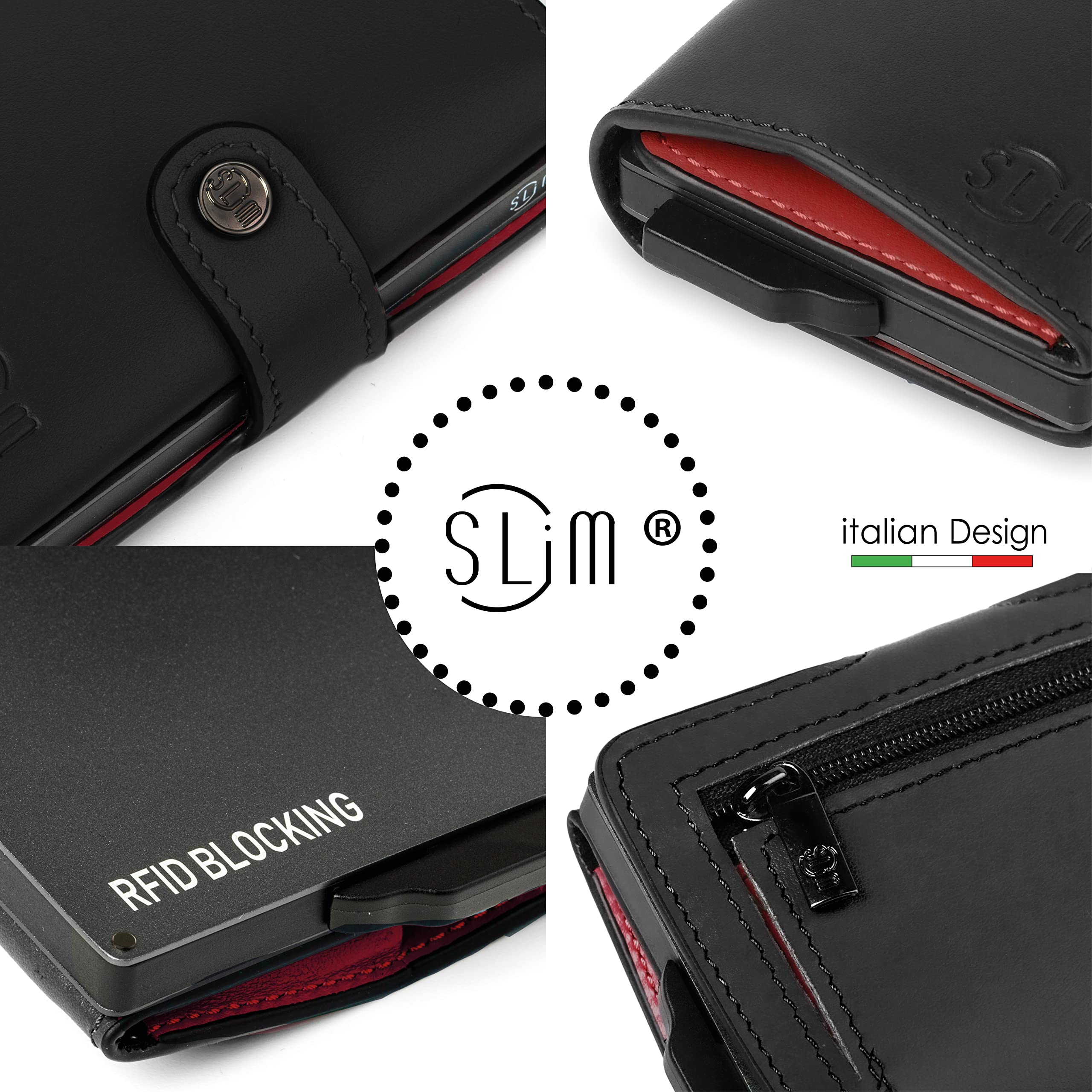 SLim Porta Carte di Credito Schermato Portafoglio Uomo Rfid Portatessere Anticlonazione Donna Portacarte Uomo (Nero E Rosso, Con Zip)
