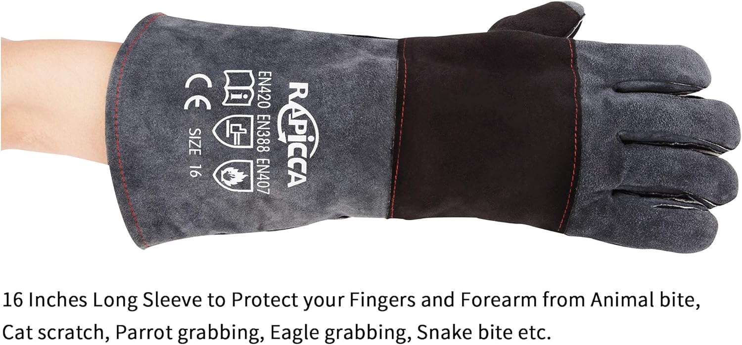 RAPICCA Animal Handling Gloves Bite Proof Kevlar Reinforced Leather