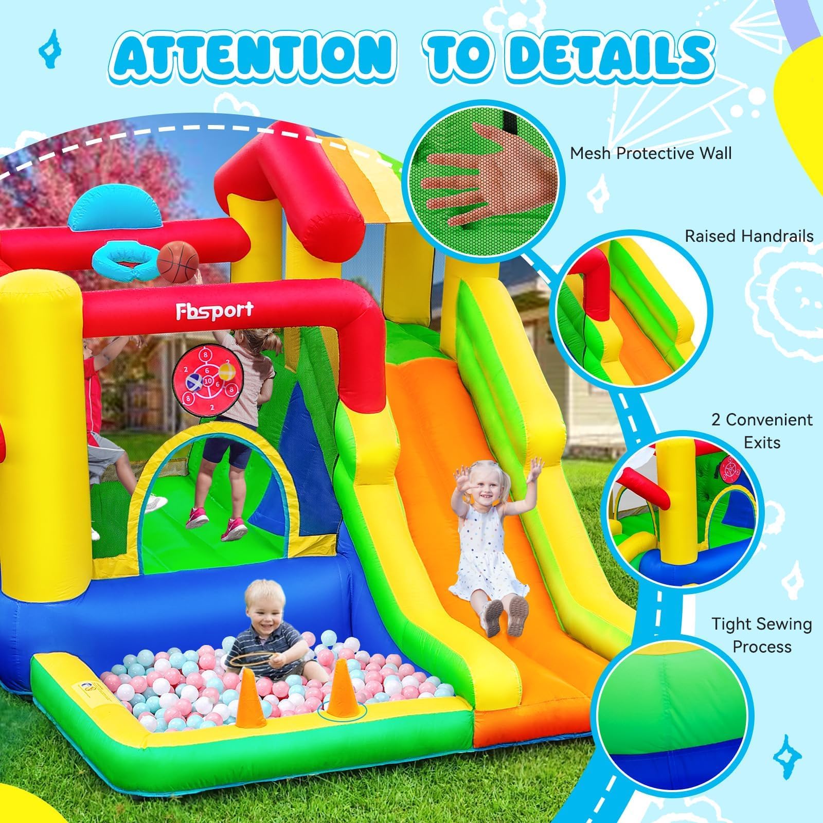 Castello Gonfiabile per Bambini con Doppio Scivolo, Interno ed Esterno | Trampolino, Piscina di Palline, Tiro della palla, Lancio dell'anello, Parete da Arrampicata ,Cesto da Basket, 322×305×208 cm