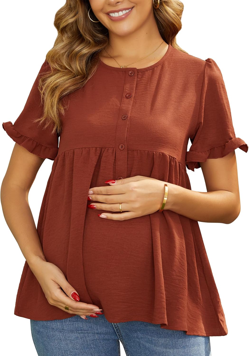 Women's Maternity Work Blouse Ruffle Casual Short Sleeve Button Up Flowy Loose Shirts Pregnancy Peplum Tops