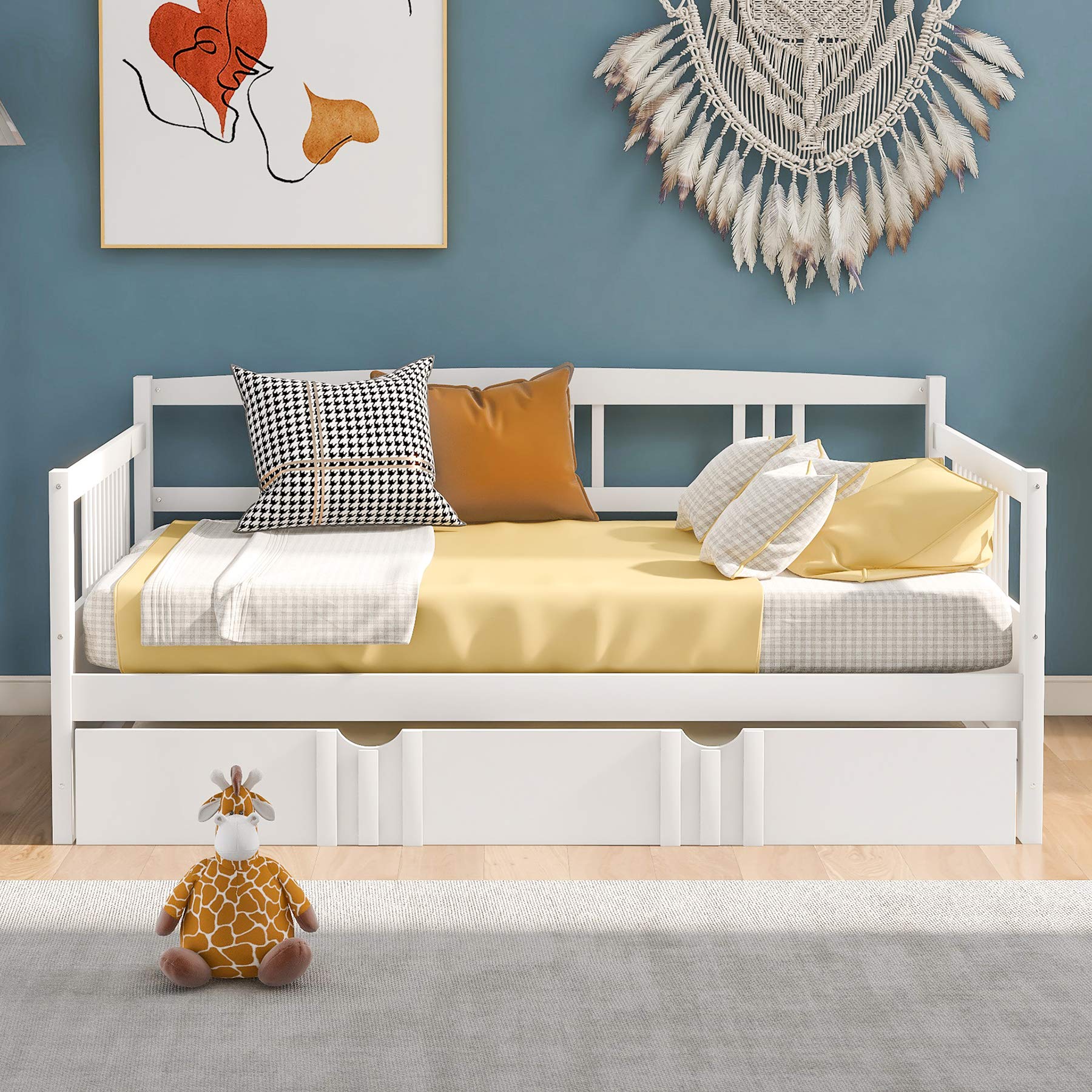 P PURLOVE Full Wood Daybed with Rails, Full Bed Wooden Slats Support Modern Living Daybed with Trundle Bed, White