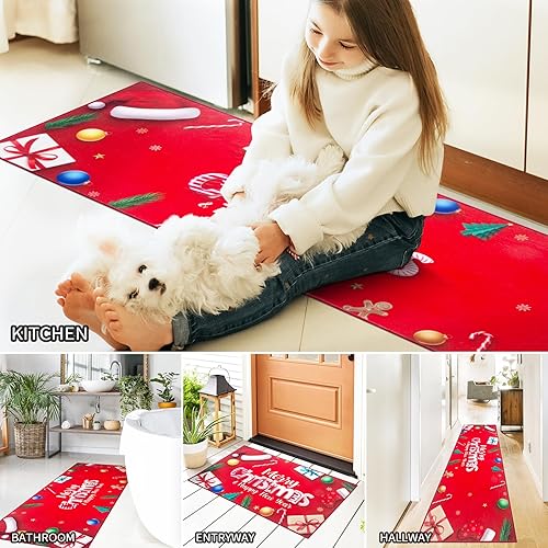 Miniatura 8 de Juego de 3 alfombras de cocina de Navidad, antideslizantes, lavables, para el suelo, juego de 3 alfombras de cocina rojas, alfombras absorbentes
