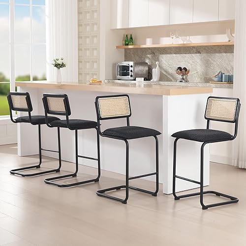 Miniatura 10 de ONEVOG Juego de 2 taburetes de bar de ratán con respaldo taburete de tela Boucle para cocina bistrópub 25 pulgadas silla de bar moderna sin brazos