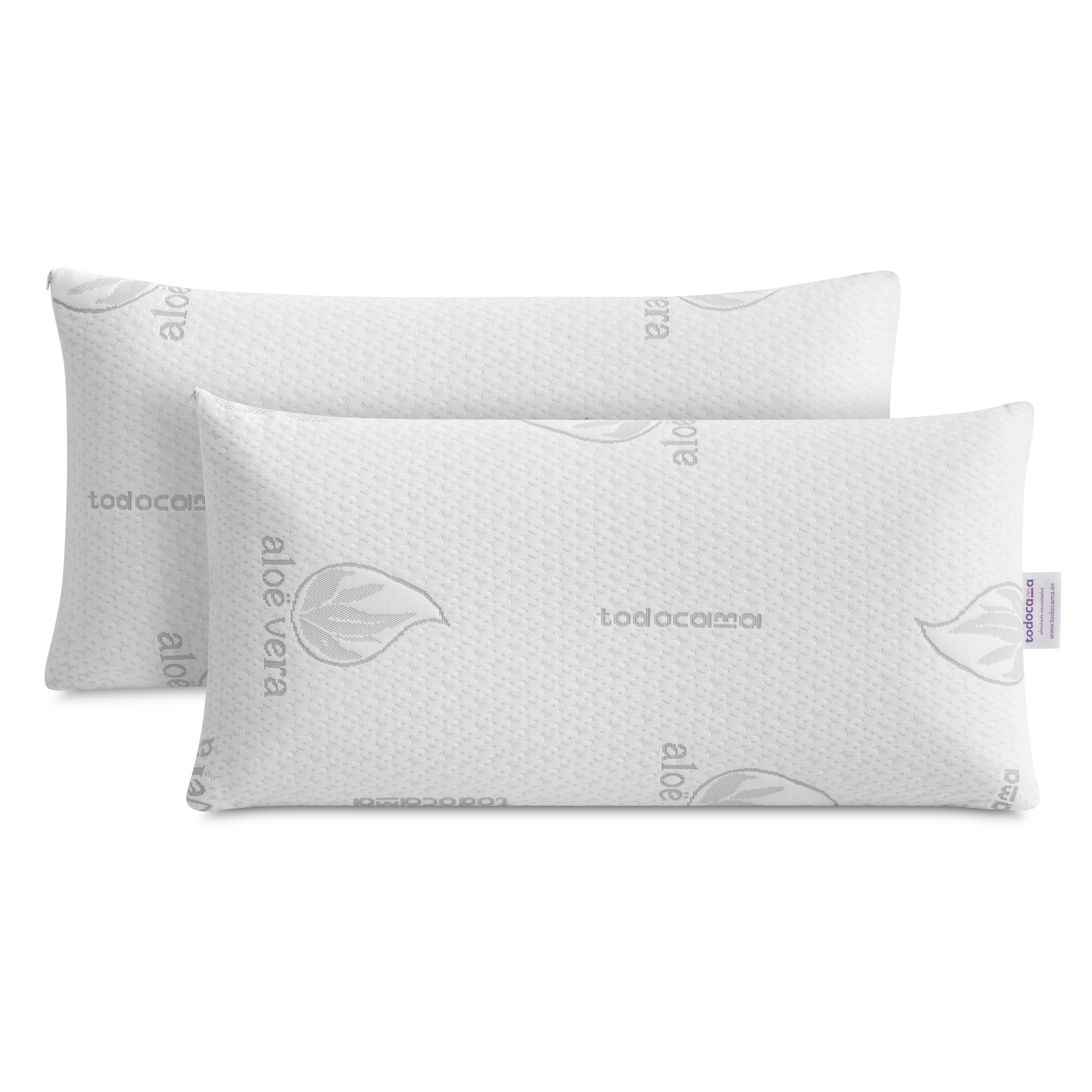 Todocama Almohada Viscoelástica Aloe Vera (Pack 2 Unidades 75 cm), Núcleo Compacto Viscoelástico para Cervicales y Cuello, Firmeza Media-Alta, Doble Funda con Cremallera.