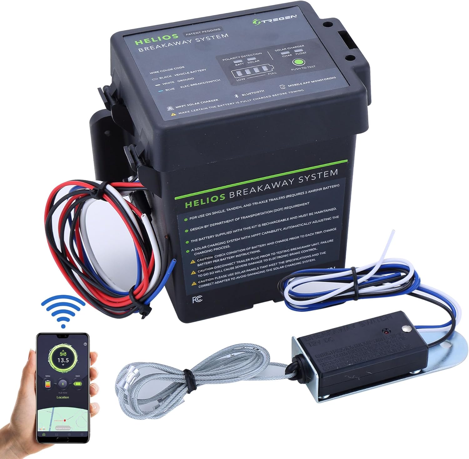 TREGEN Helios_88211 Trailer Breakaway Kit with LED Indicator, Bluetooth & Mobile App w/Real-Time Status, Water Resistant Brake Controller, Solar Charging (12V Battery Included)-Trailer & Caravan