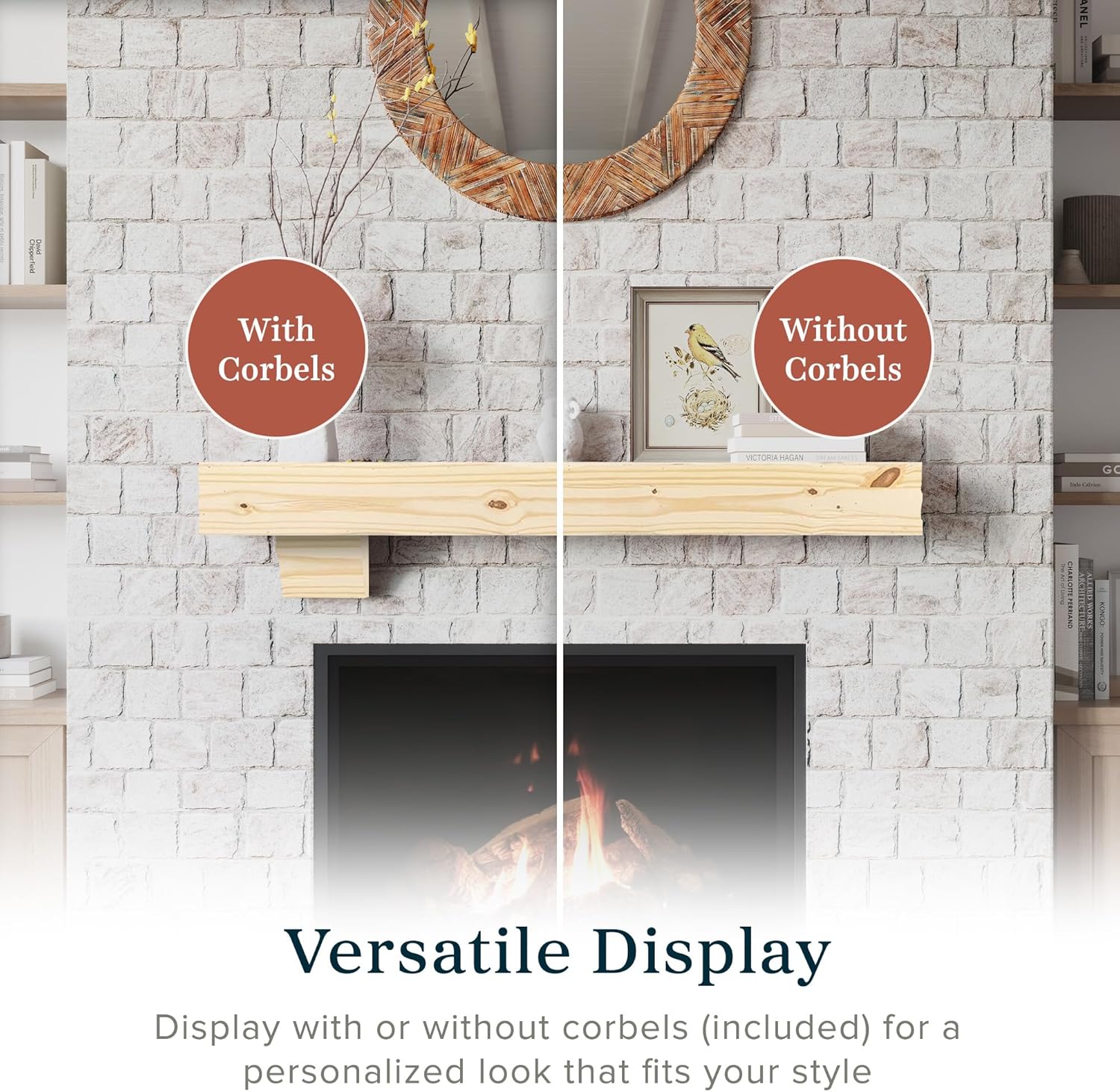 MANTELSDIRECT Breckenridge 72” Fireplace Mantel Shelf with Corbels – Rustic Floating Mantel Shelf for Over Fireplace – Unfinished - Wood Shelf for Wall – Pine Box Construction